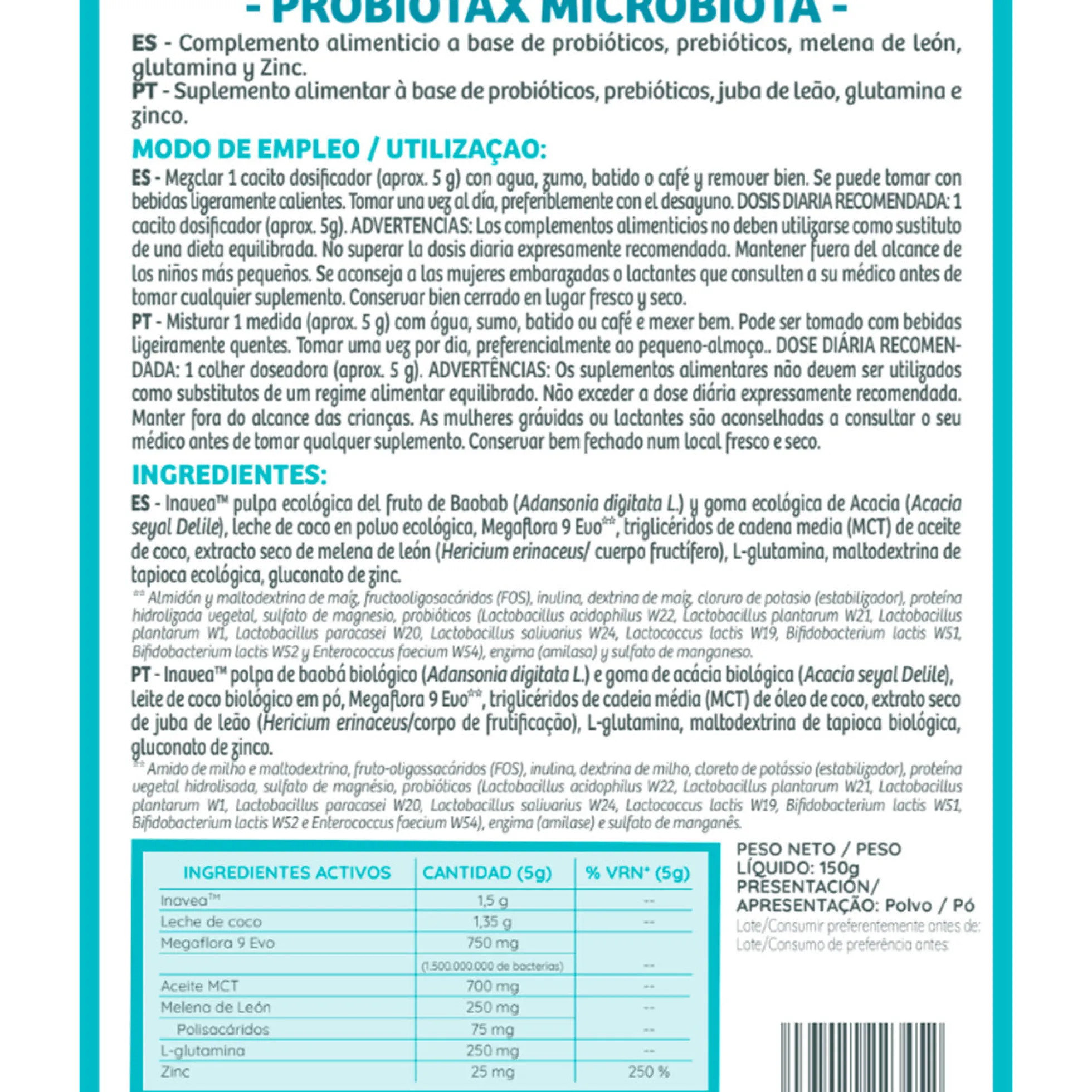 Probiotax Microbiota con probióticos y prebióticos WeBotanix 150 g