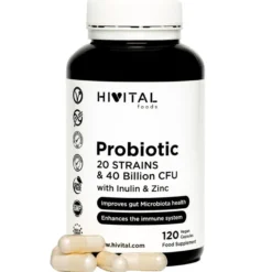 Probiótico 20 cepas 40 mil millones de UFC con Inulina y Zinc Hivital 120 cápsulas veganas