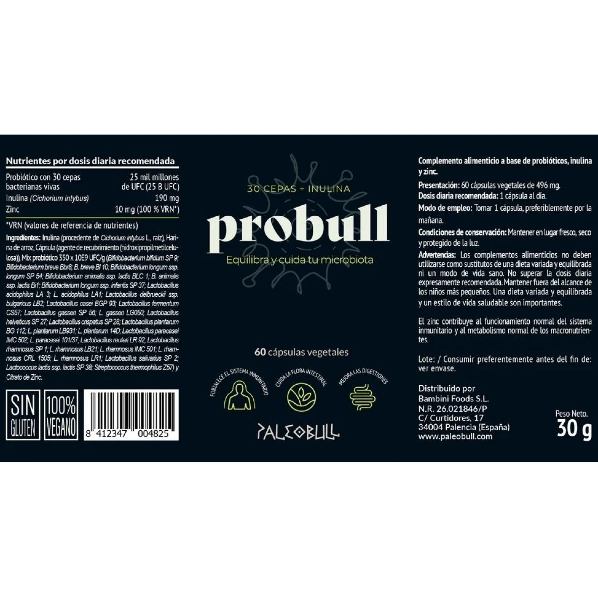 Probull probiótico de 30 cepas Paleobull 60 cápsulas