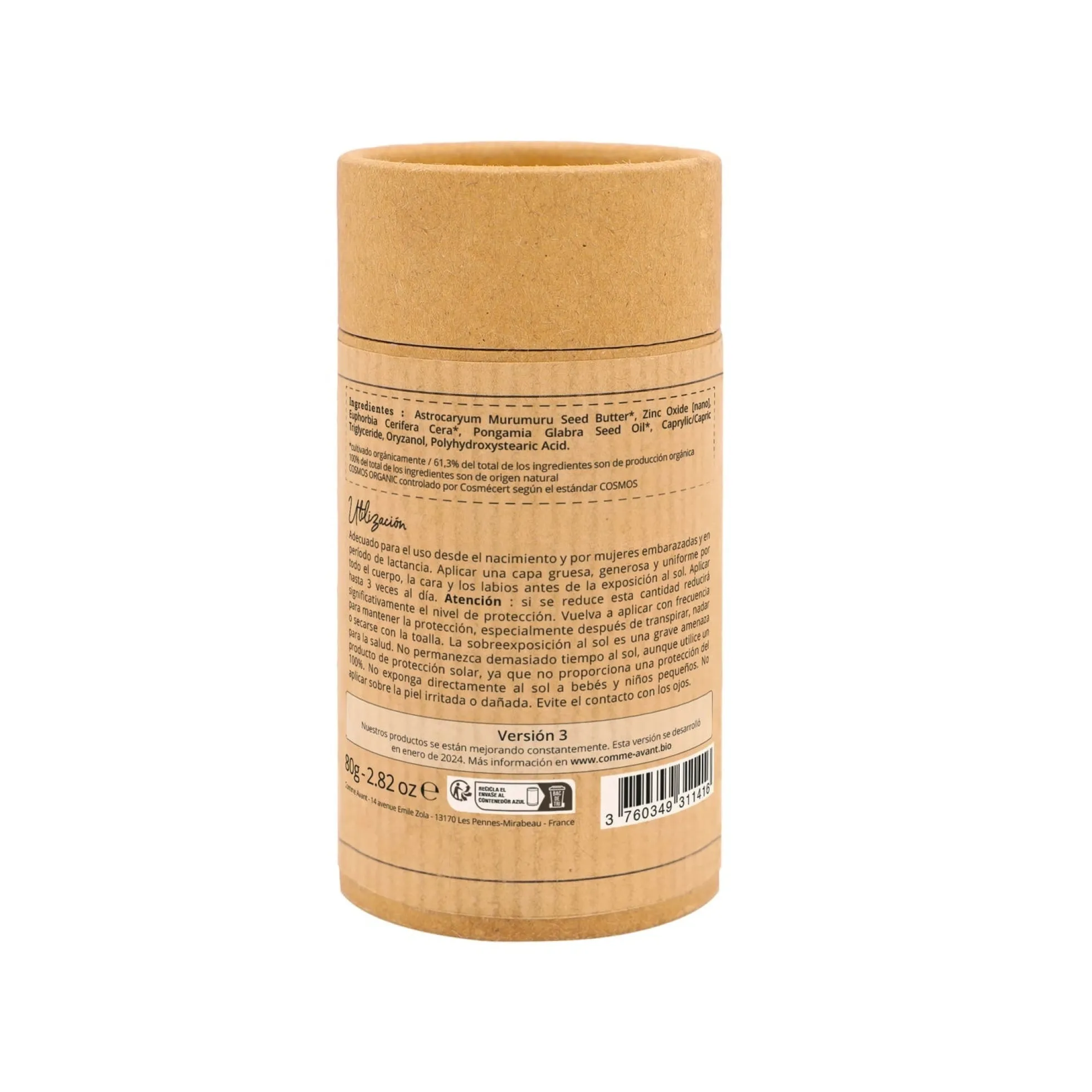 Protector solar mineral sólido SPF50 con aceite de KaranjaSin perfume Comme Avant 80 g