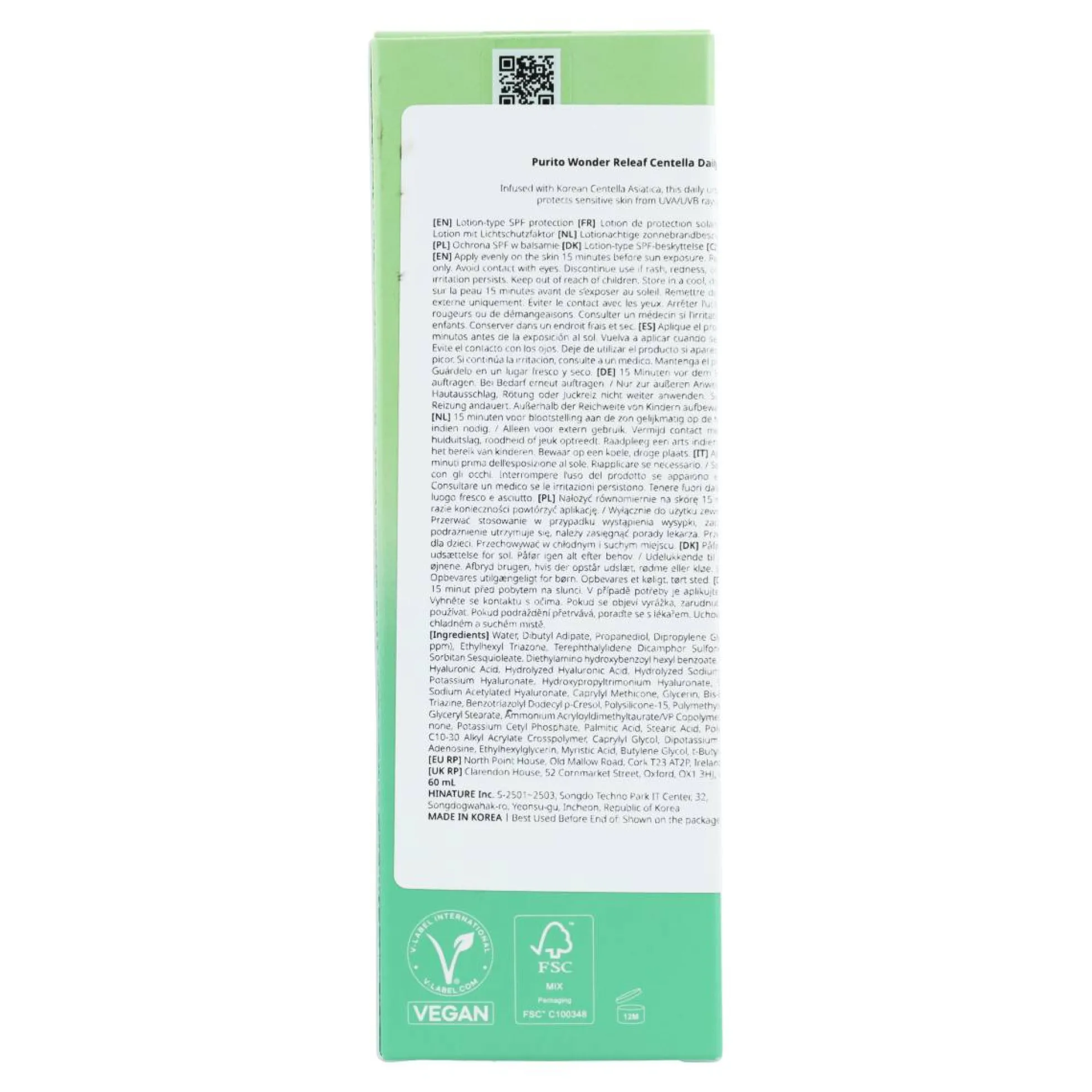 Protector solar Wonder Releaf Centella Daily Sun Lotion SPF50+ PA++++ Purito Seoul 60 ml