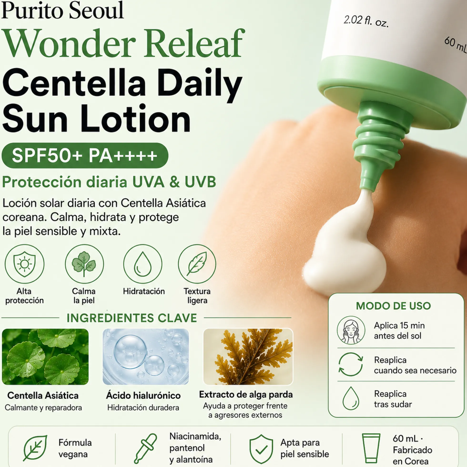 Protector solar Wonder Releaf Centella Daily Sun Lotion SPF50+ PA++++ Purito Seoul 60 ml