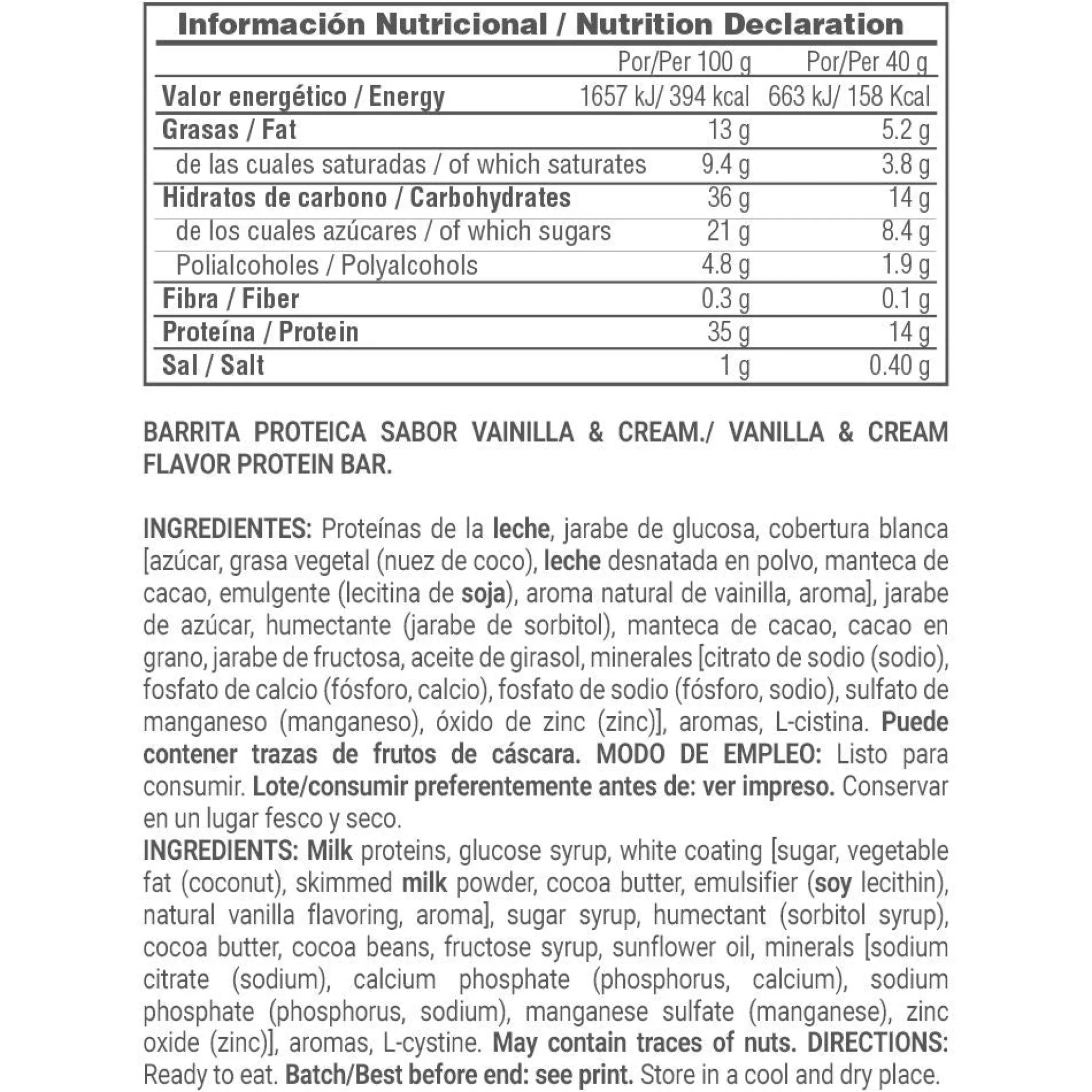Protein Bar (barrita De Proteína) - 40g - Vainilla - Snack Proteíco - Masmusculo