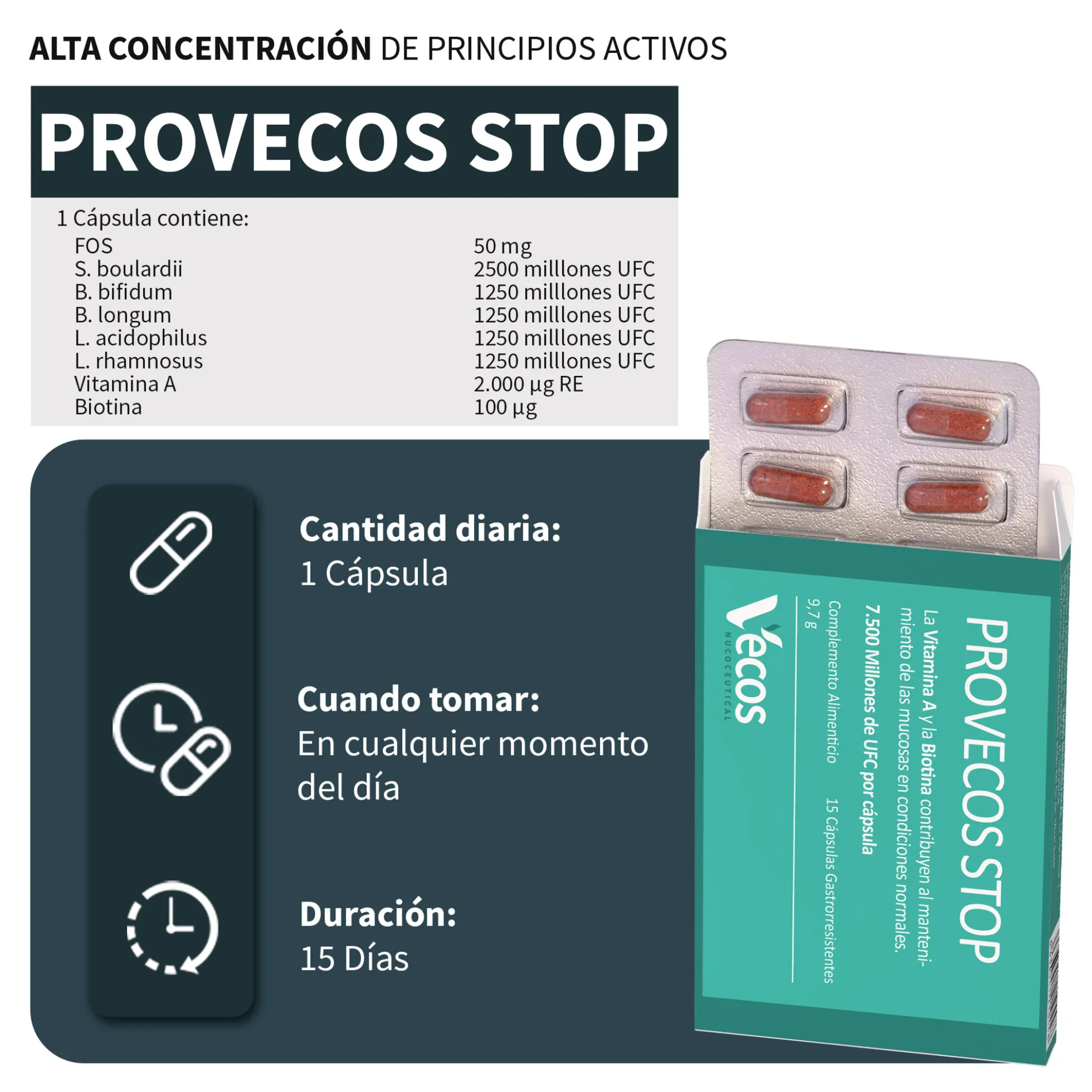 Provecos Stop Vecos 15 Cápsulas | Flora Vaginal Y Bienestar Íntimo | 25.000 Millones Ufc + Fos