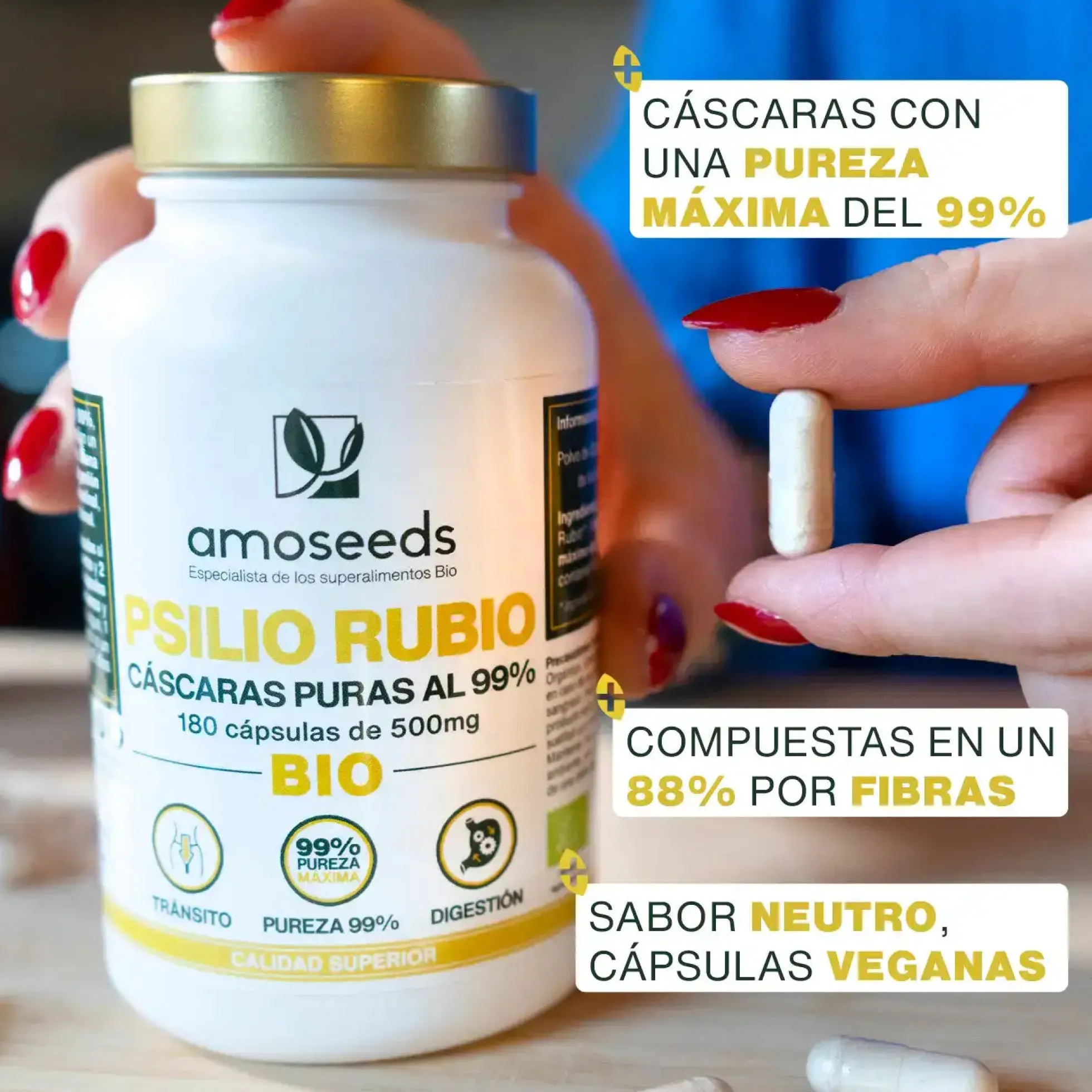 Psilio Rubio Bio, Cáscaras Puras Al 99% | 180 Cápsulas