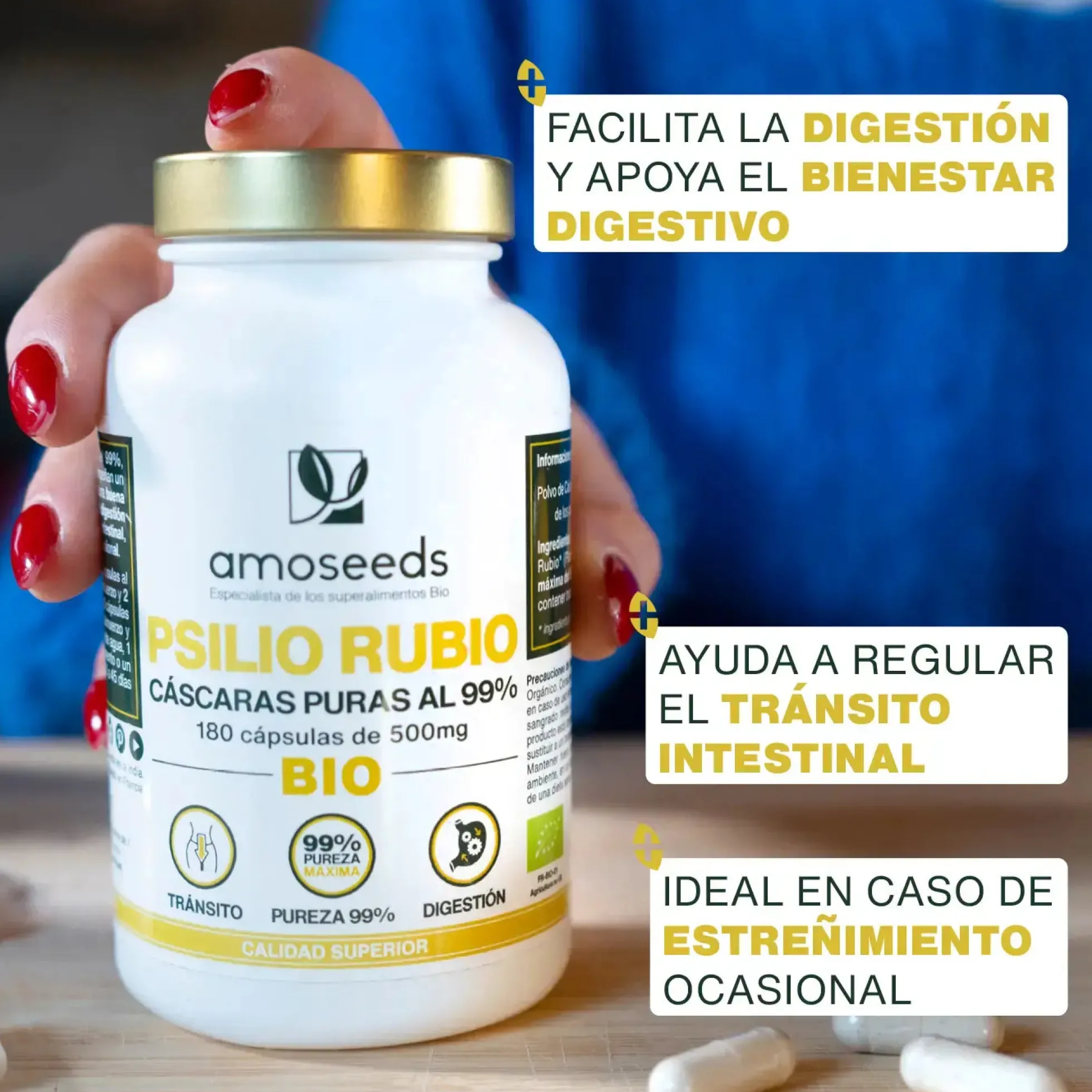 Psilio Rubio Bio, Cáscaras Puras Al 99% | 180 Cápsulas
