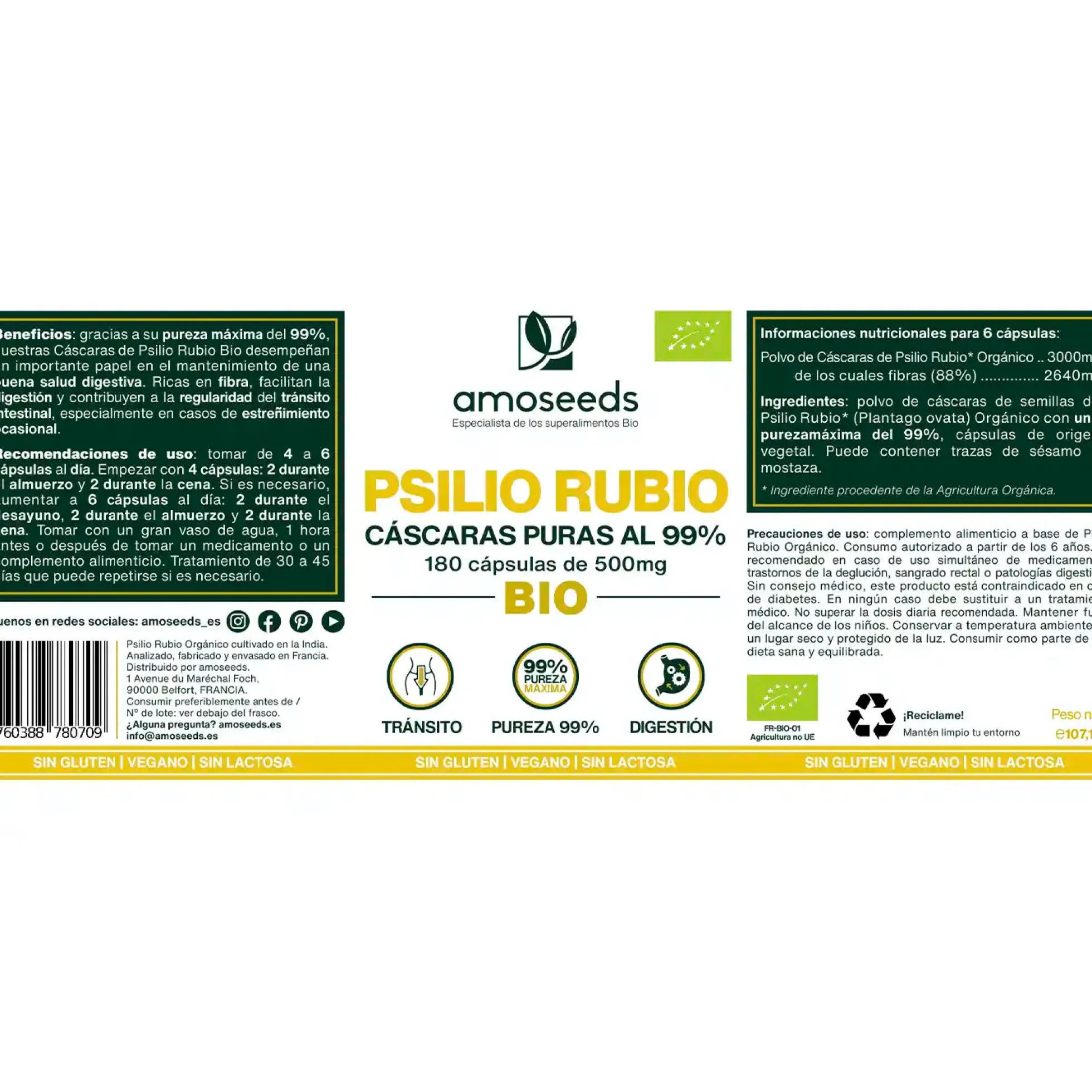 Psilio Rubio Bio, Cáscaras Puras Al 99% | 180 Cápsulas