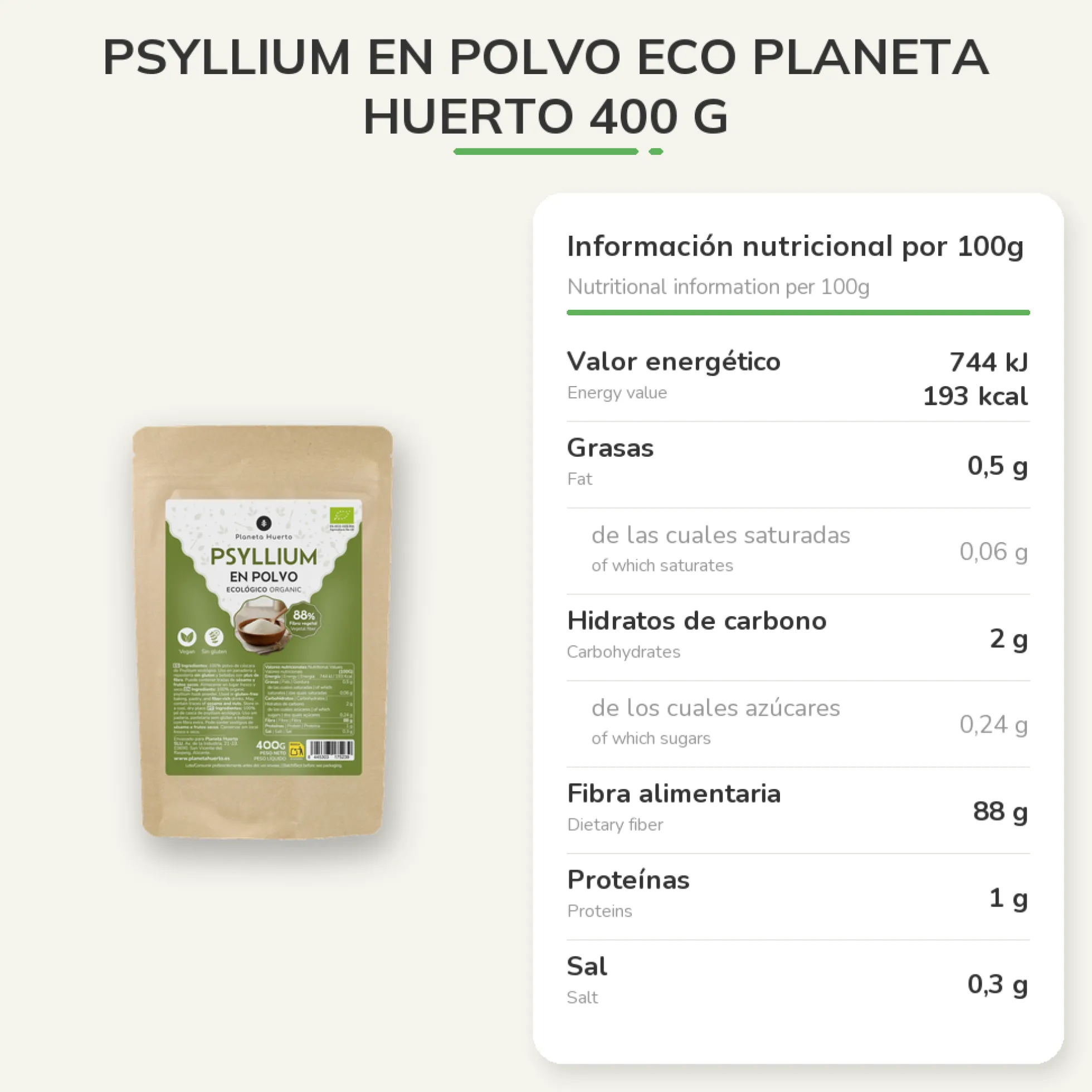 Psyllium en polvo Eco Planeta Huerto 400 g