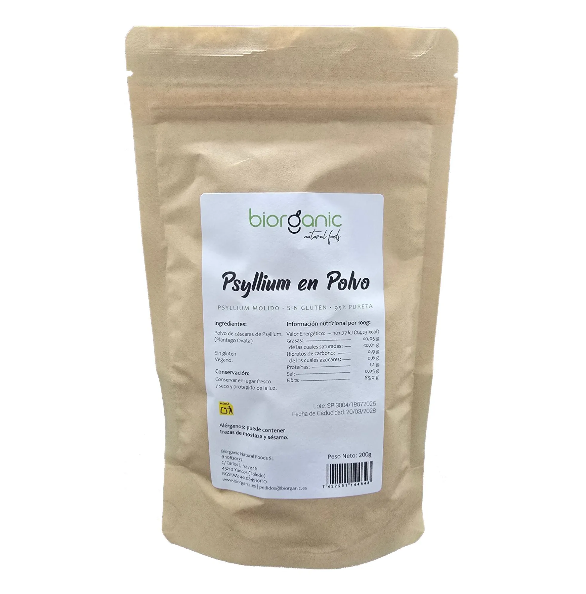 Psyllium Husk En Polvo, 1kg - 95-99% Pureza- Sin Gluten – Biorganic