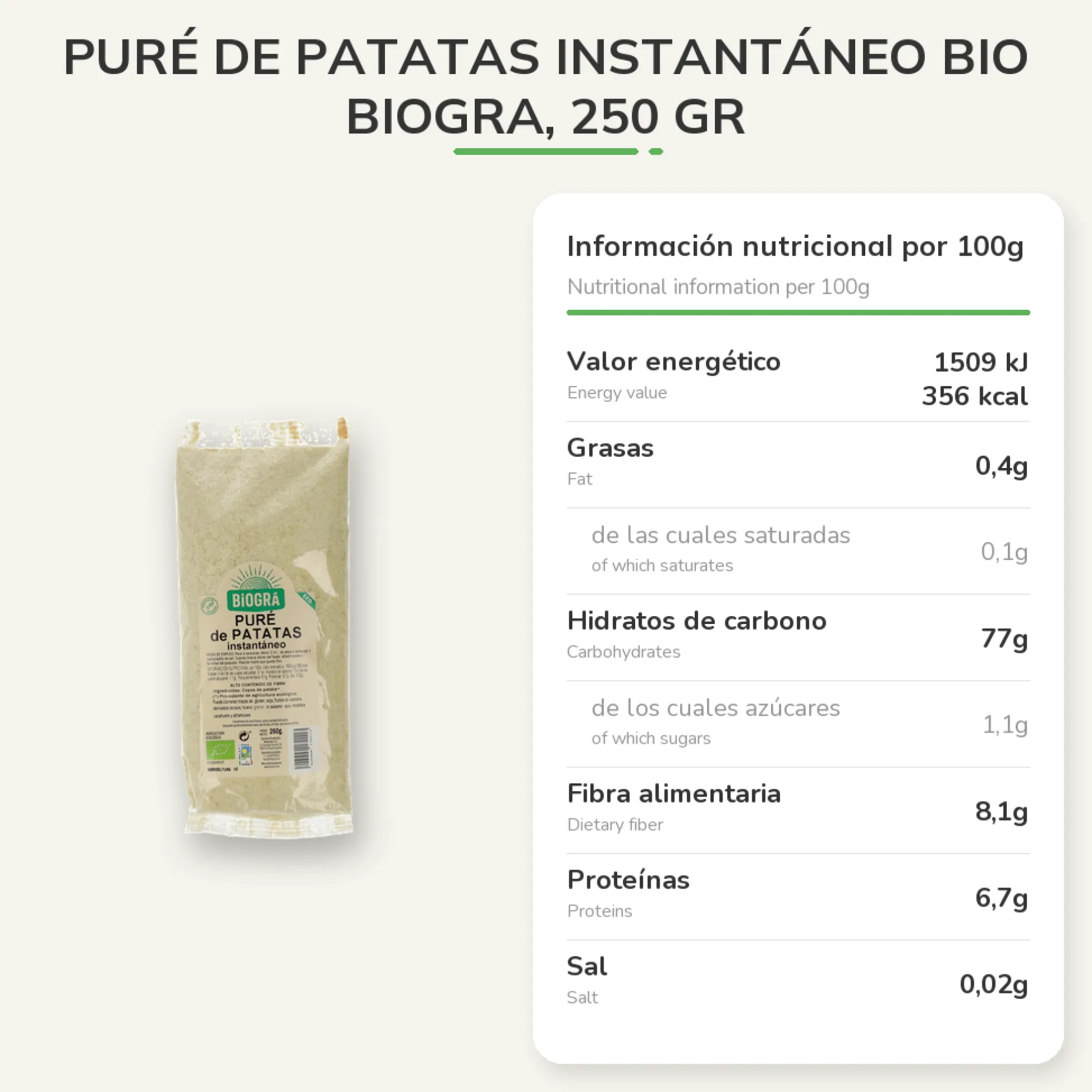 Puré de Patatas Instantáneo BIO Biogra, 250 gr