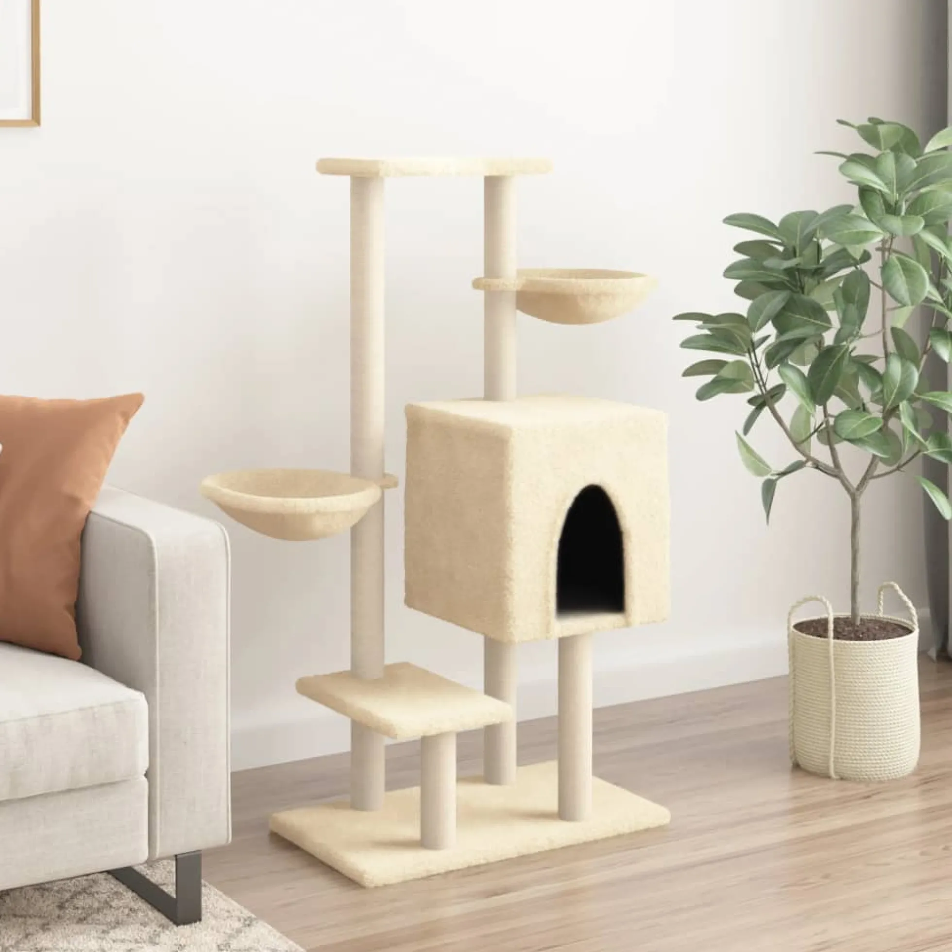 Rascador Para Gatos Con Postes De Sisal Color Crema 117 Cm