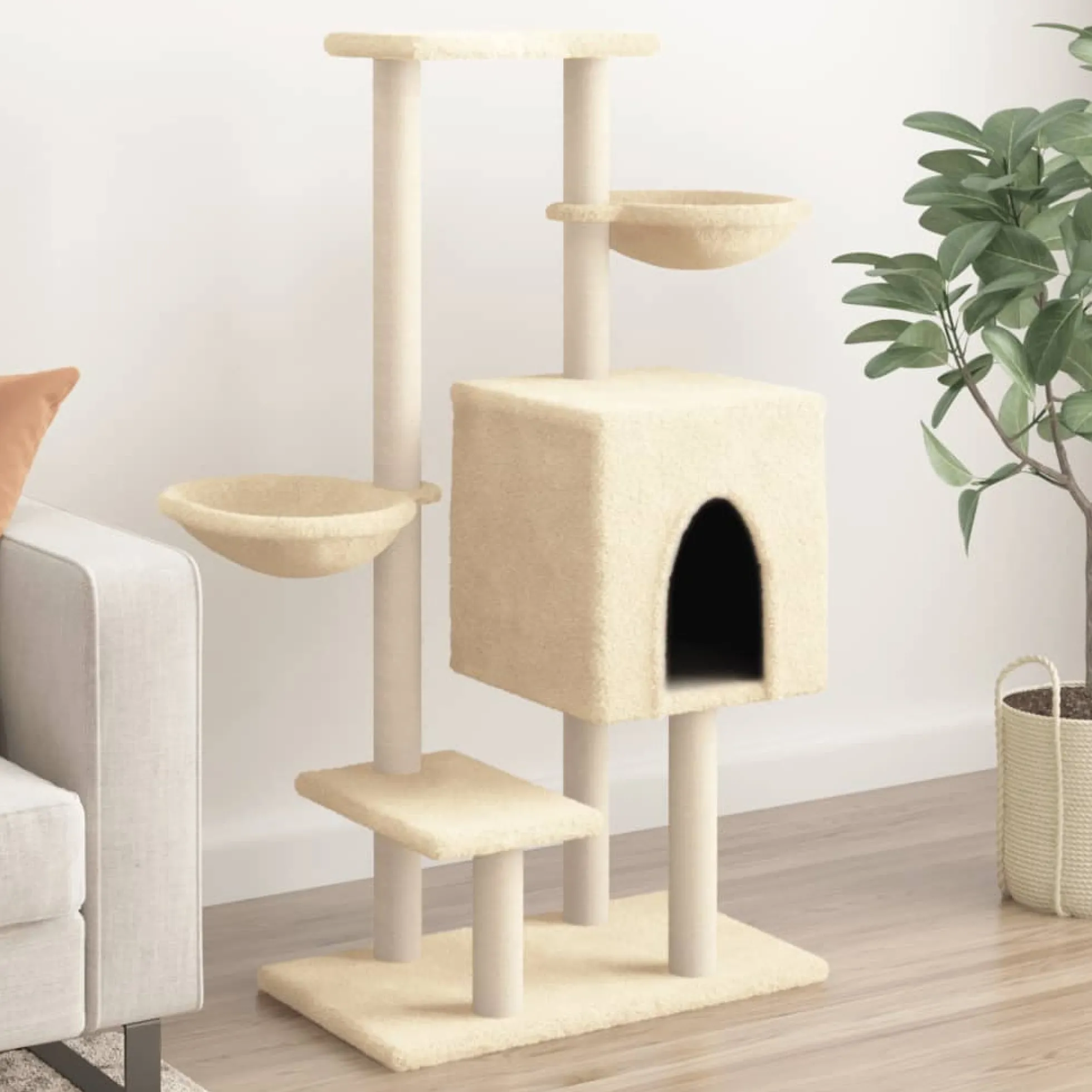 Rascador Para Gatos Con Postes De Sisal Color Crema 117 Cm