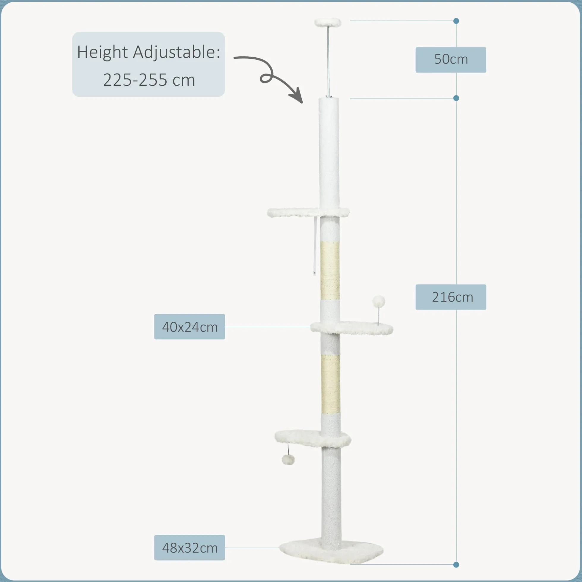 Árbol Rascador Para Gatos De Suelo A Techo Ajustable 48x32x225-255 Cm Blanco