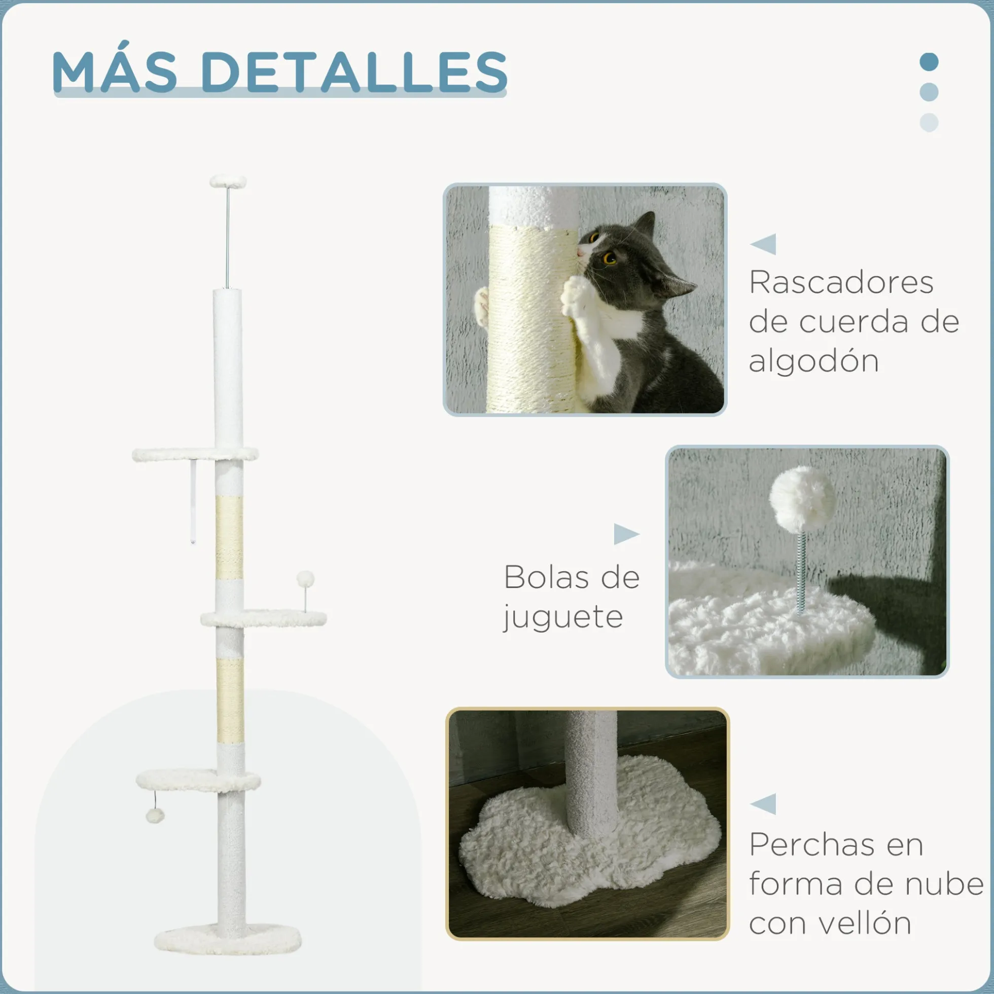 Árbol Rascador Para Gatos De Suelo A Techo Ajustable 48x32x225-255 Cm Blanco
