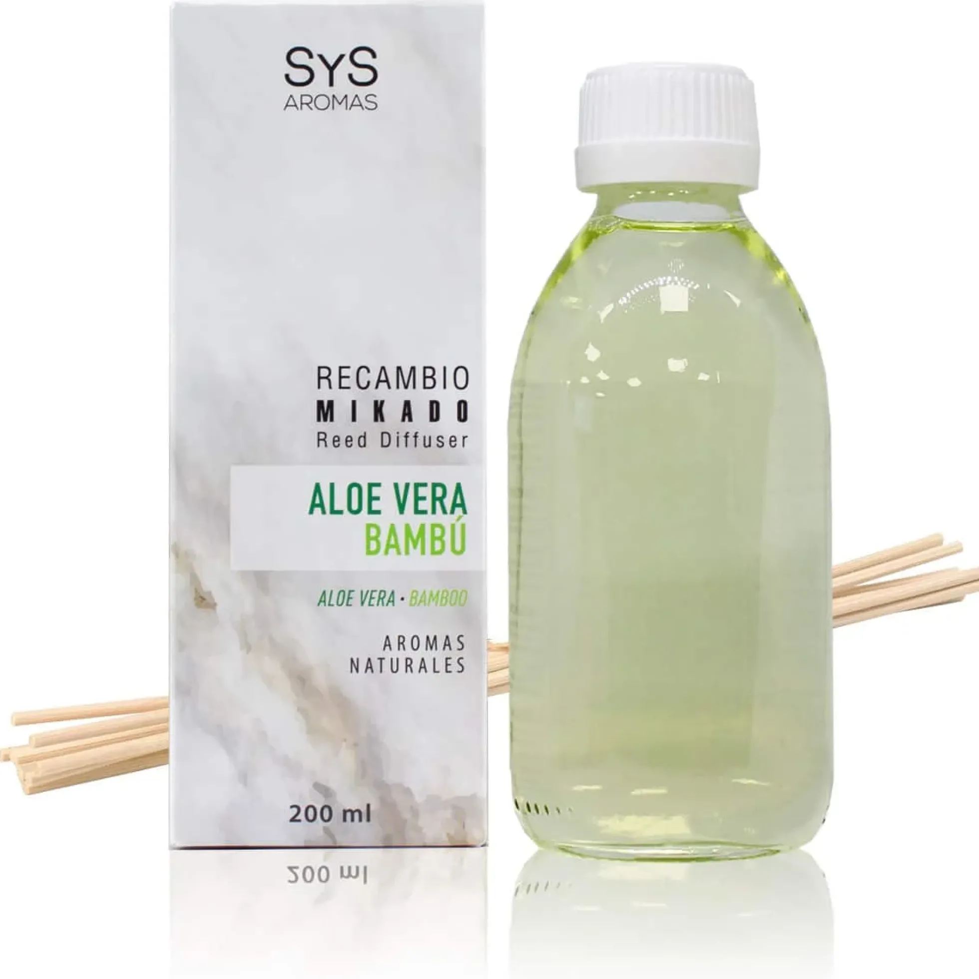 Recambio Mikado Aloe Vera-Bambú Mármol SYS Aromas 200 ml | Con Palos | Aroma Fresco y Herbal | Relajante