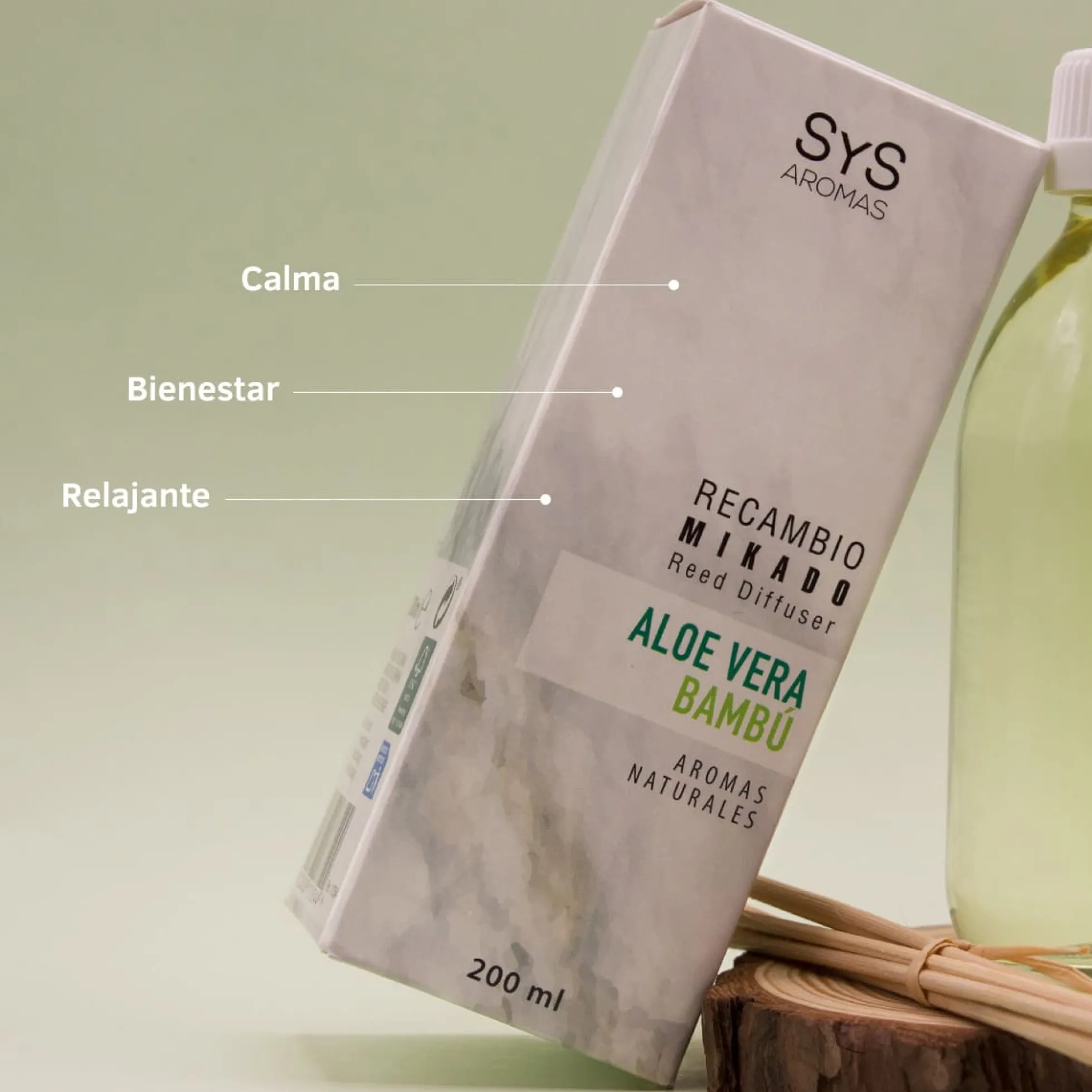 Recambio Mikado Aloe Vera-Bambú Mármol SYS Aromas 200 ml | Con Palos | Aroma Fresco y Herbal | Relajante