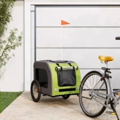 Remolque De Bicicleta Mascotas Hierro Tela Oxford Verde Gris