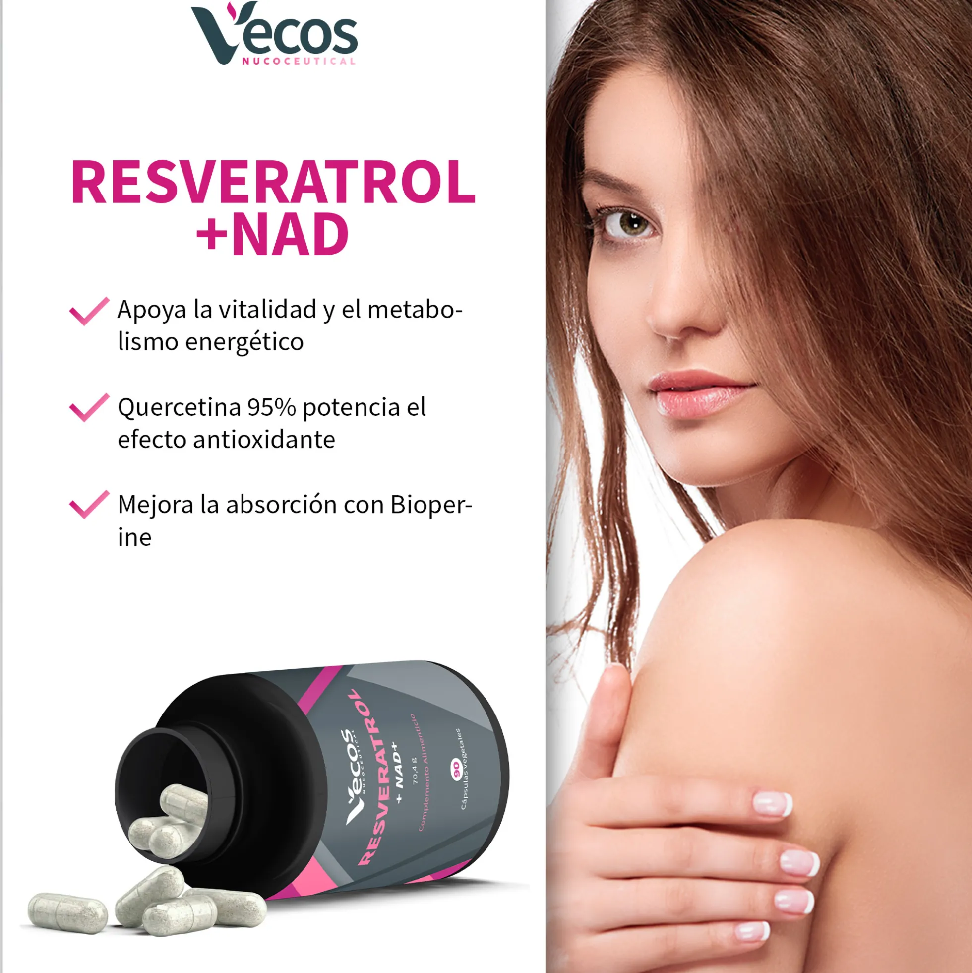 Resveratrol + Nad⁺ Vecos 90 Cápsulas | Antioxidante Y Antienvejecimiento | Resveratrol + Quercetina