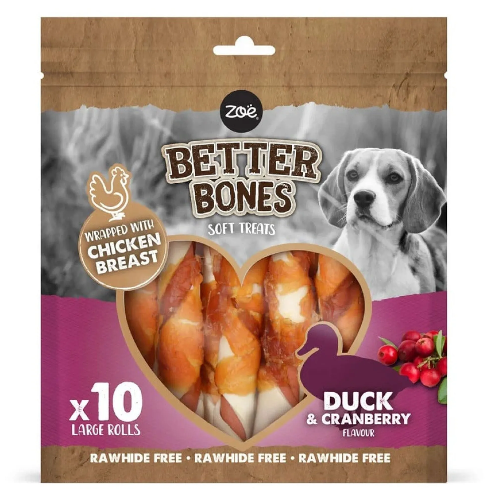 Rolls grandes envueltos en pato para perros Zoë Better Bones 12,5cm, 10 pcs