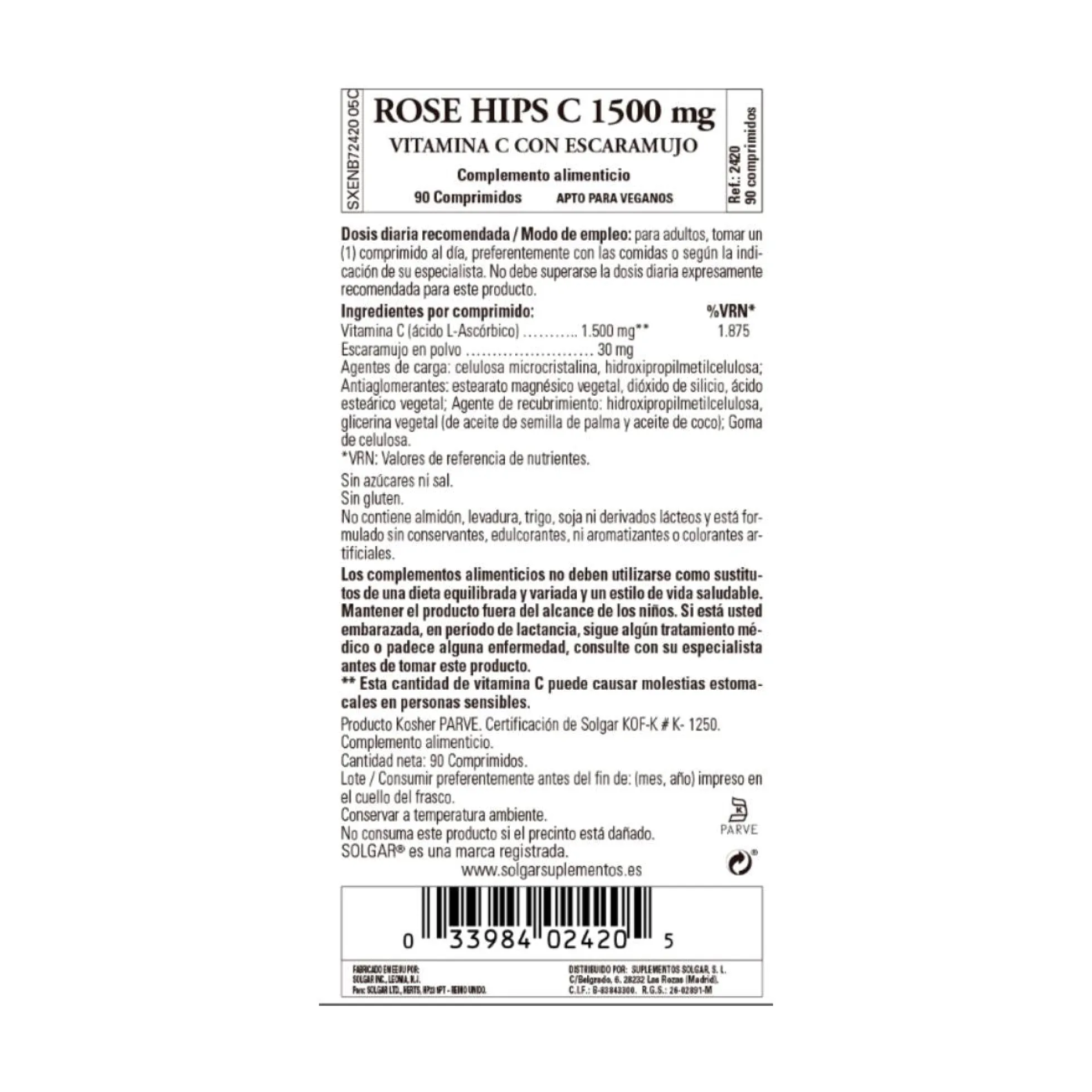 Rose Hips Vitamina C con escaramujos 1500 mg, 90 comp.