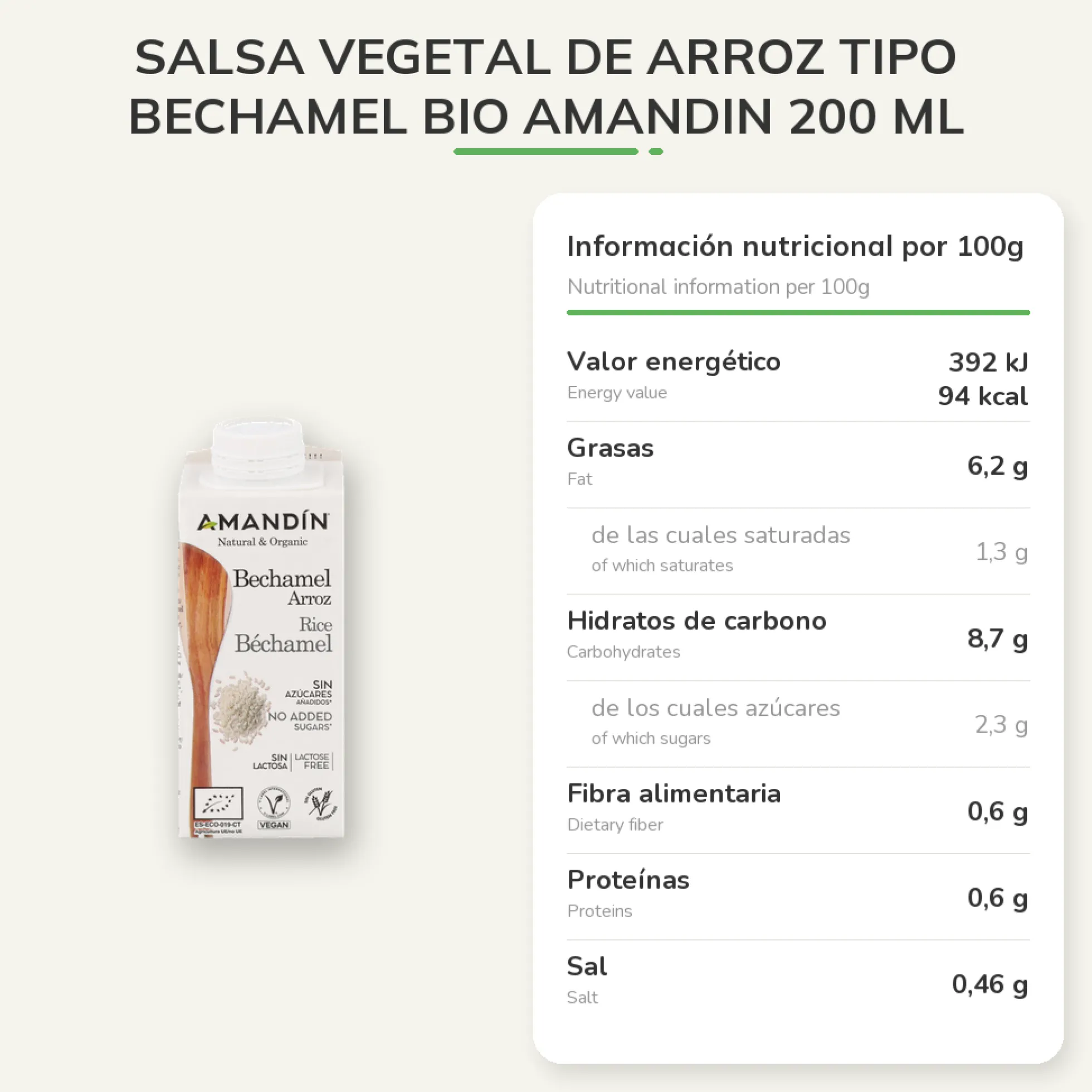 Salsa Vegetal de Arroz Tipo Bechamel Bio Amandin 200 ml