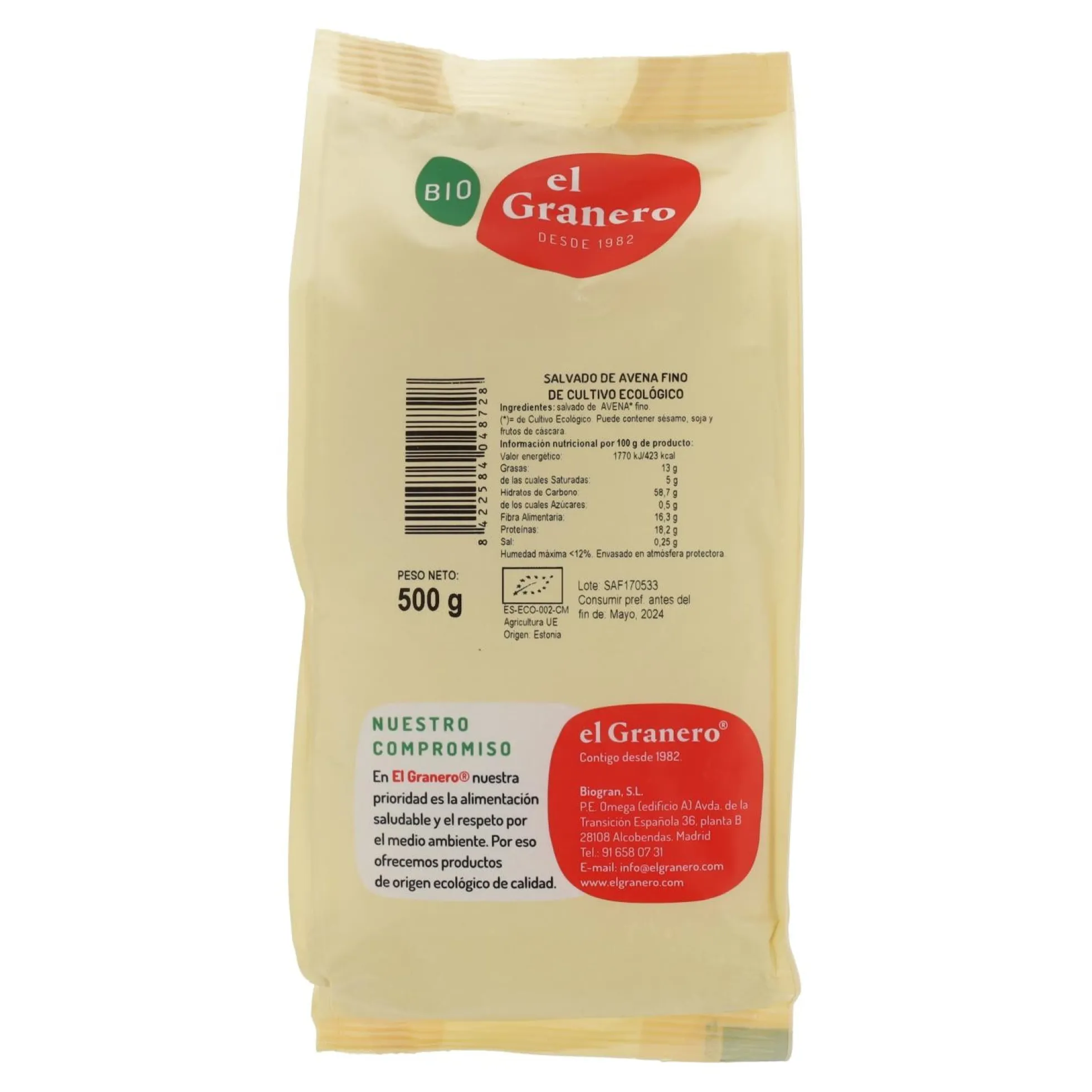 Salvado de Avena Fino Bio El Granero, 500 Gr