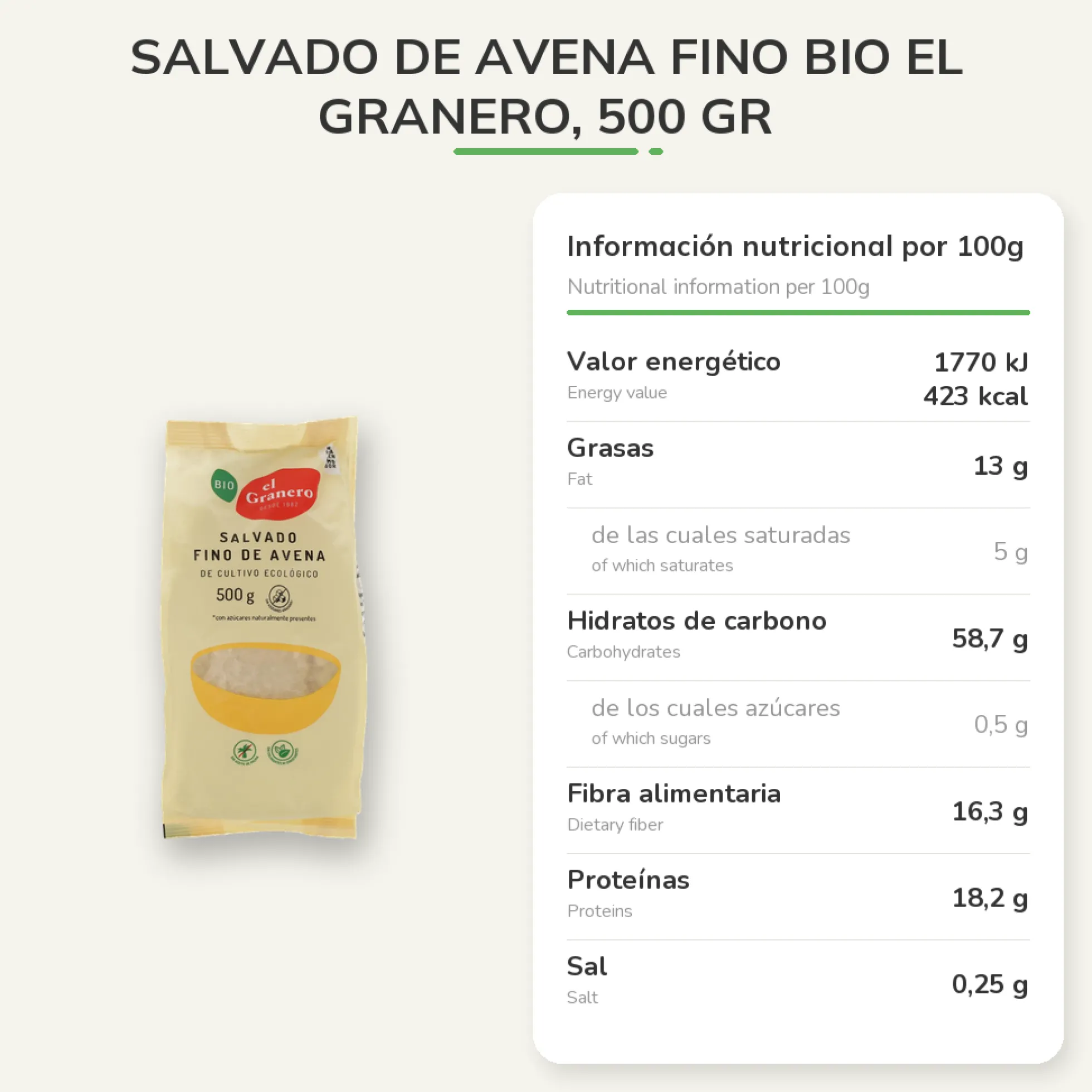 Salvado de Avena Fino Bio El Granero, 500 Gr