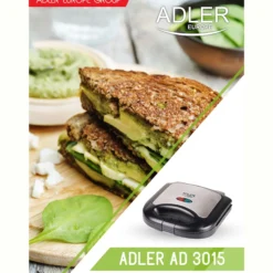 Sandwichera, 2 Sandwiches, Placas Antiadherentes, Tostado Perfecto, Acero Inoxidable, Compacta Adler Ad3015 850w