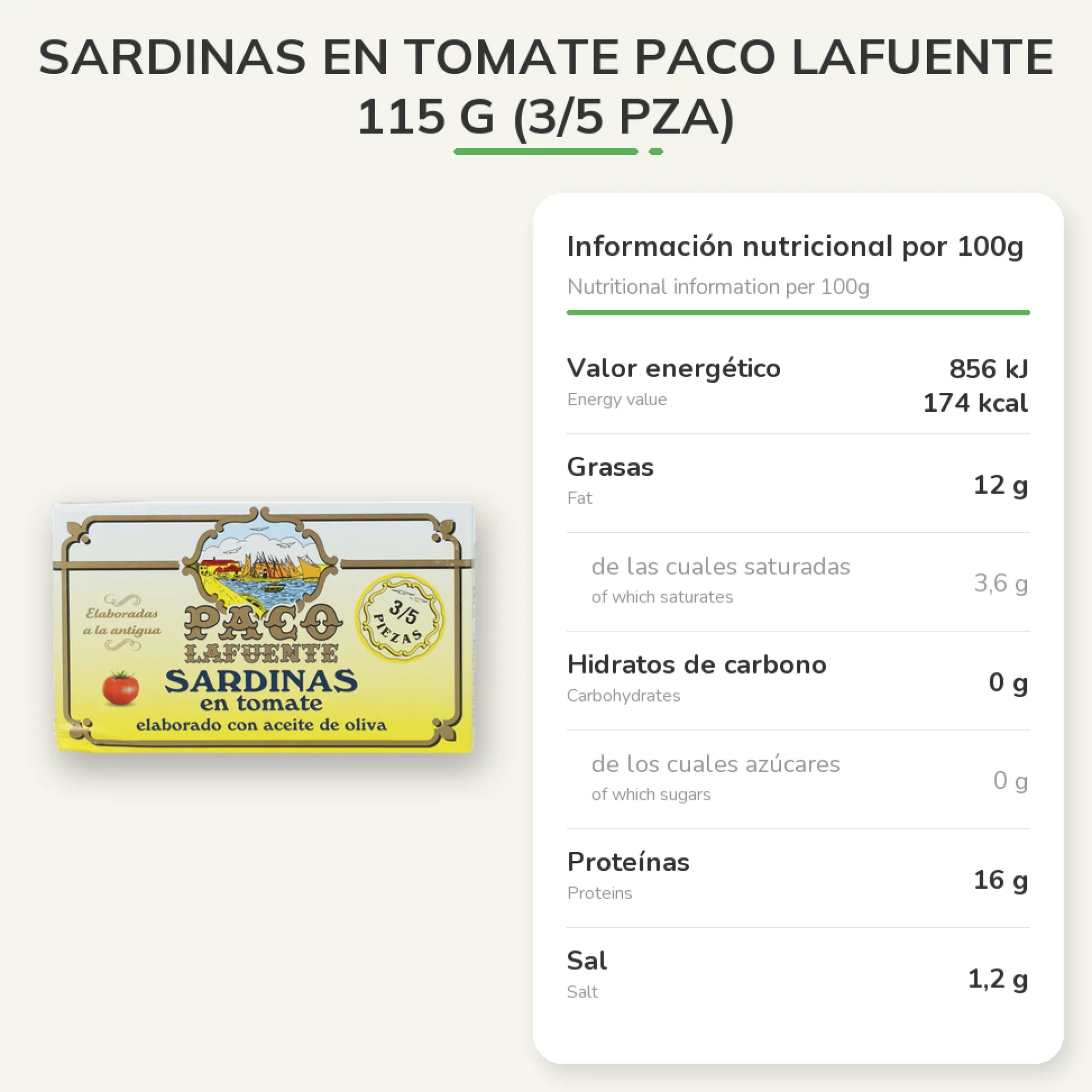 Sardinas en Tomate Paco Lafuente 115 g (3/5 pza)