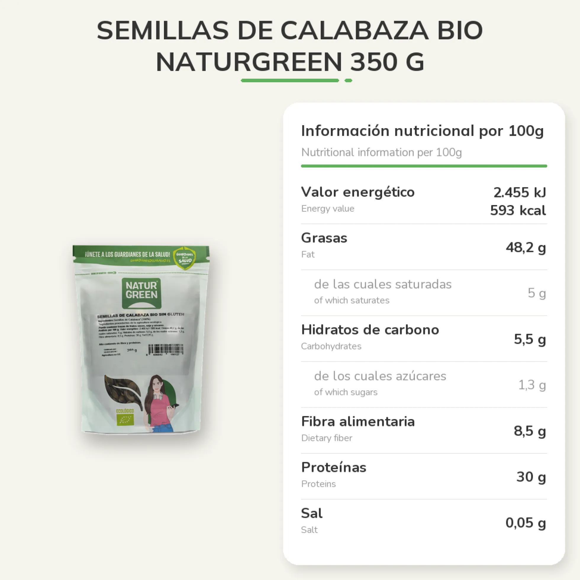 Semillas de calabaza bio Naturgreen 350 g