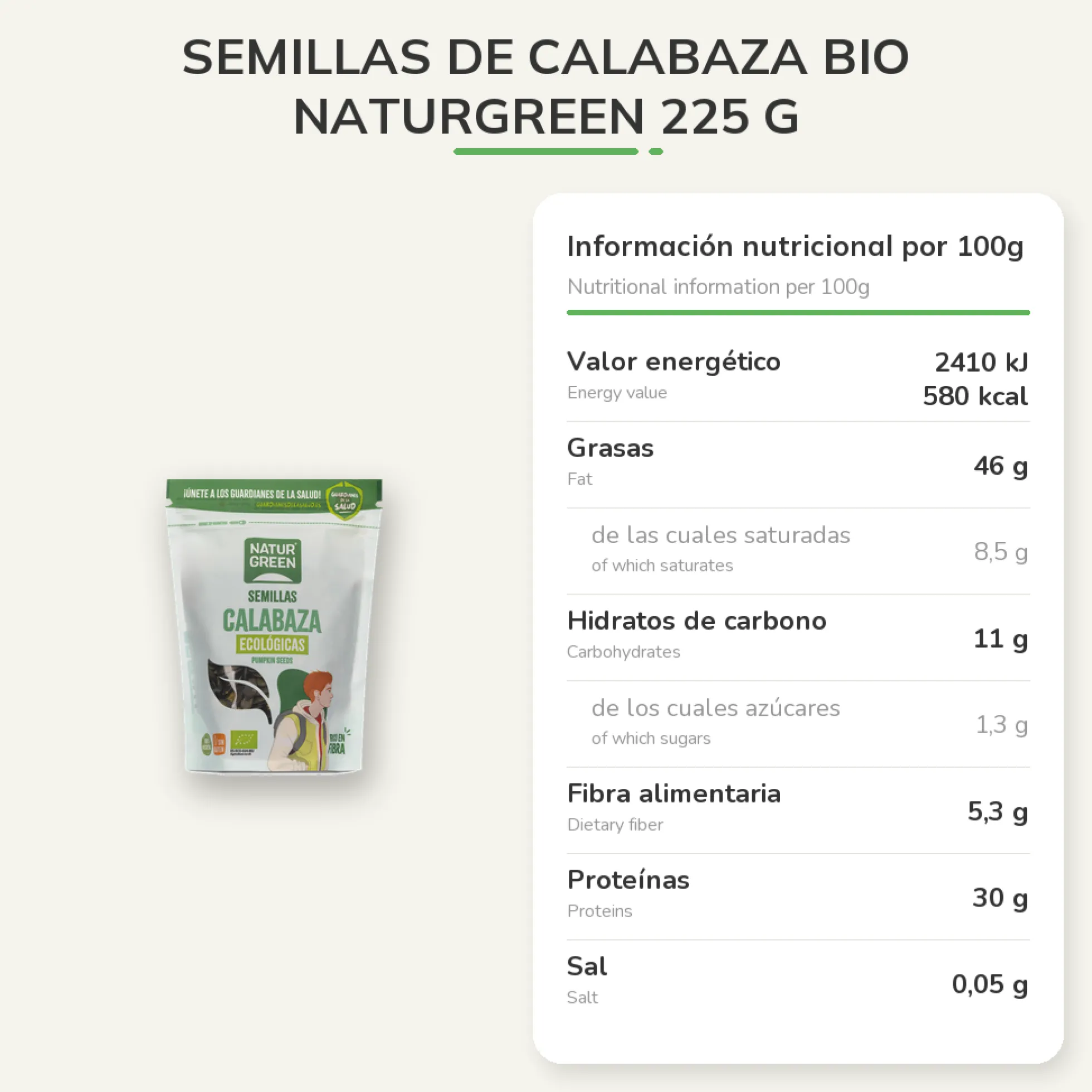 Semillas de calabaza bio Naturgreen 225 g