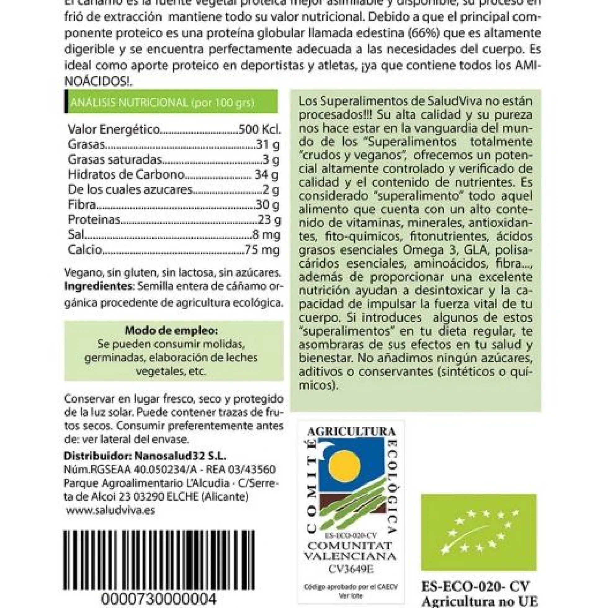 Semillas de cáñamo enteras ECO 250 g, Salud Viva