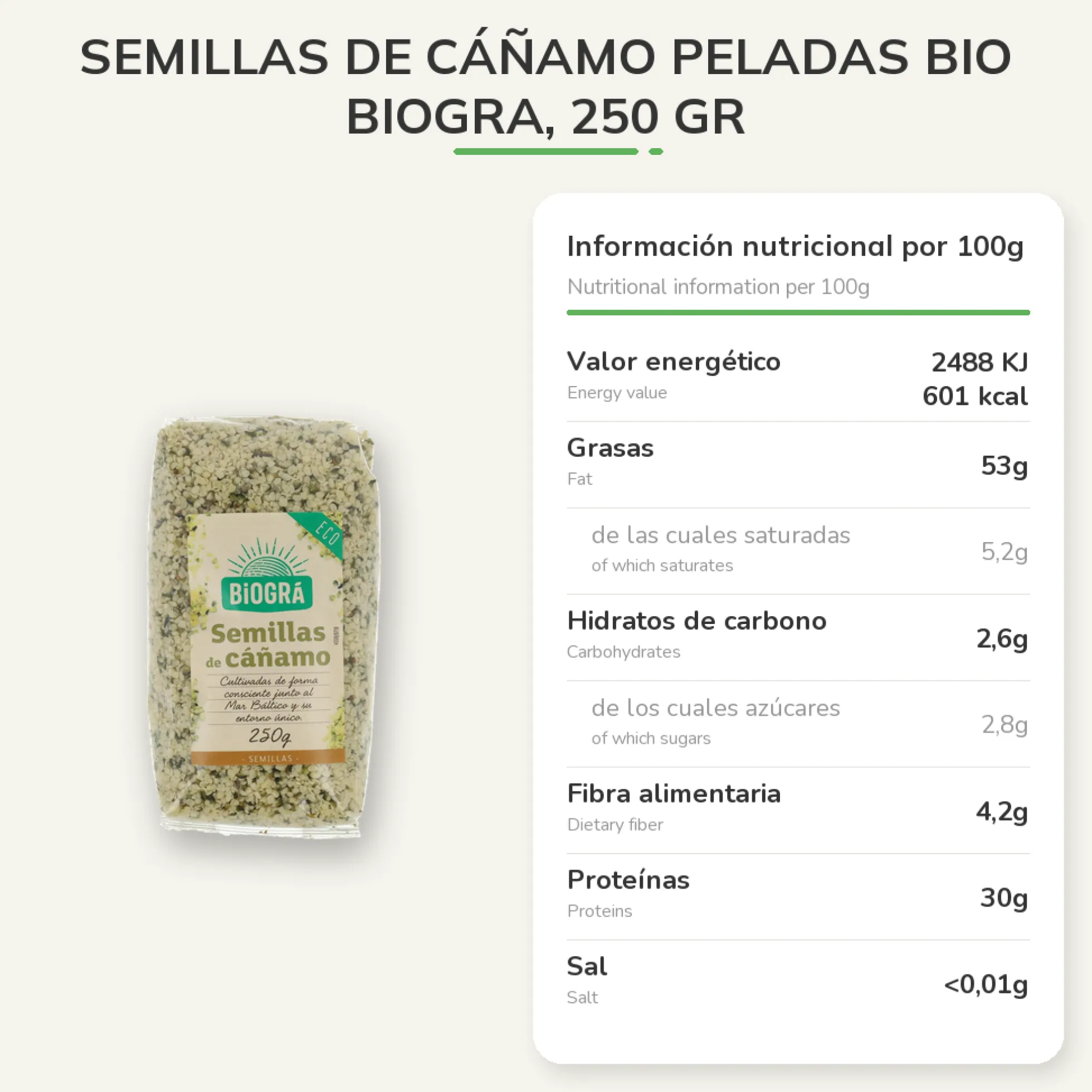 Semillas de Cáñamo peladas BIO Biogra, 250 gr