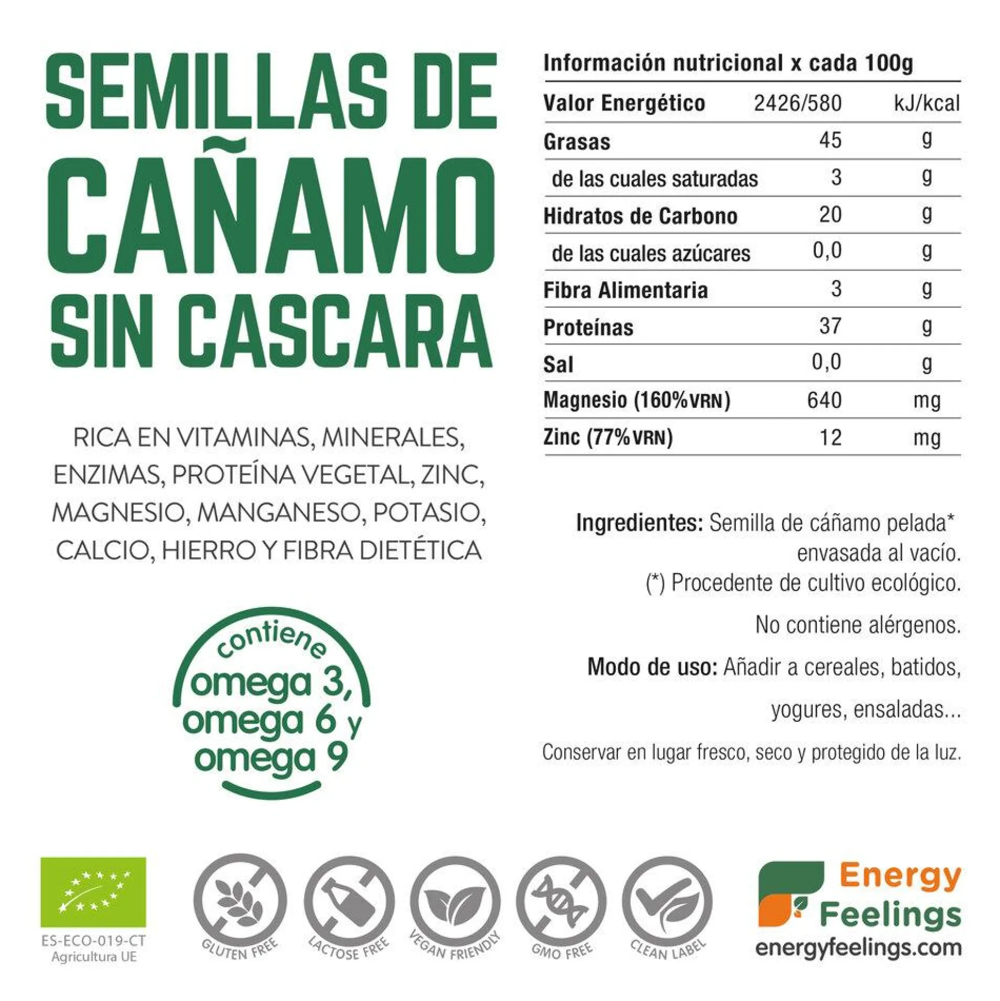 Semillas de cáñamo sin cáscara BIO (al vacío) Energy Feelings 500 g