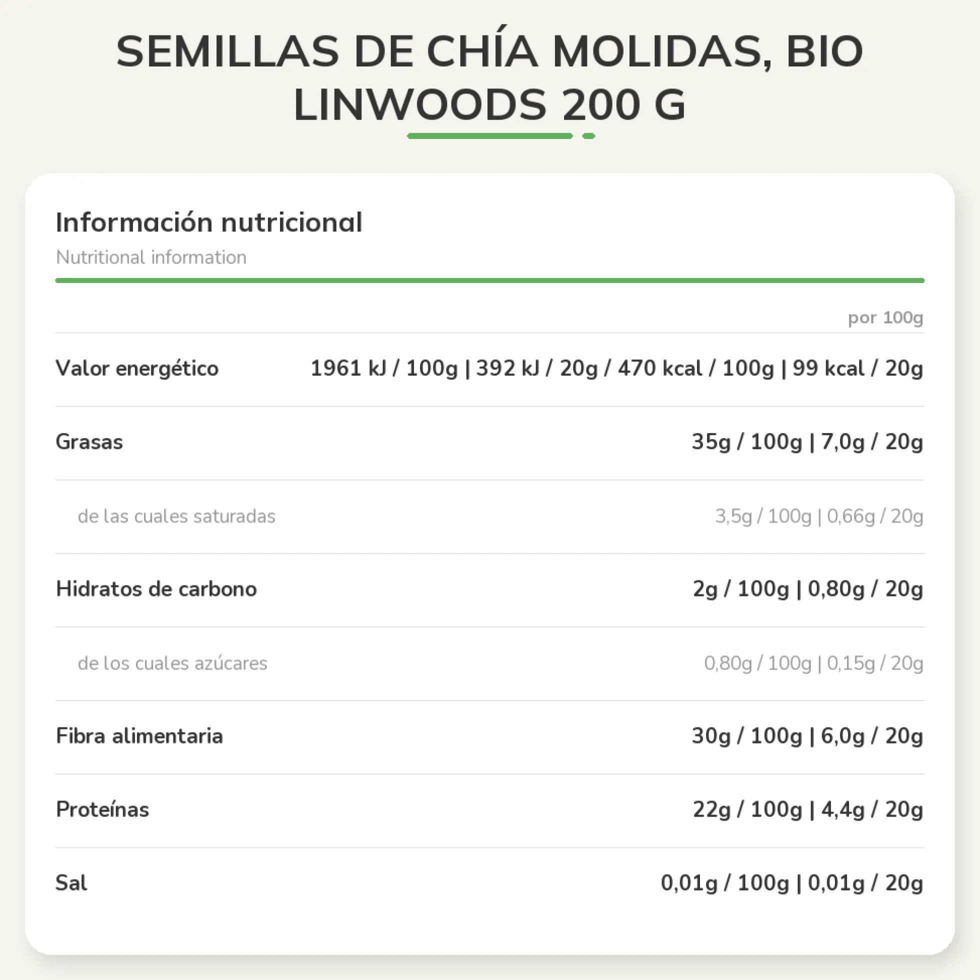 Semillas de chía molidas, bio Linwoods 200 g