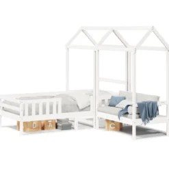 Set Cama Y Banco Con Techo Madera Maciza Pino Blanco 75x190 Cm