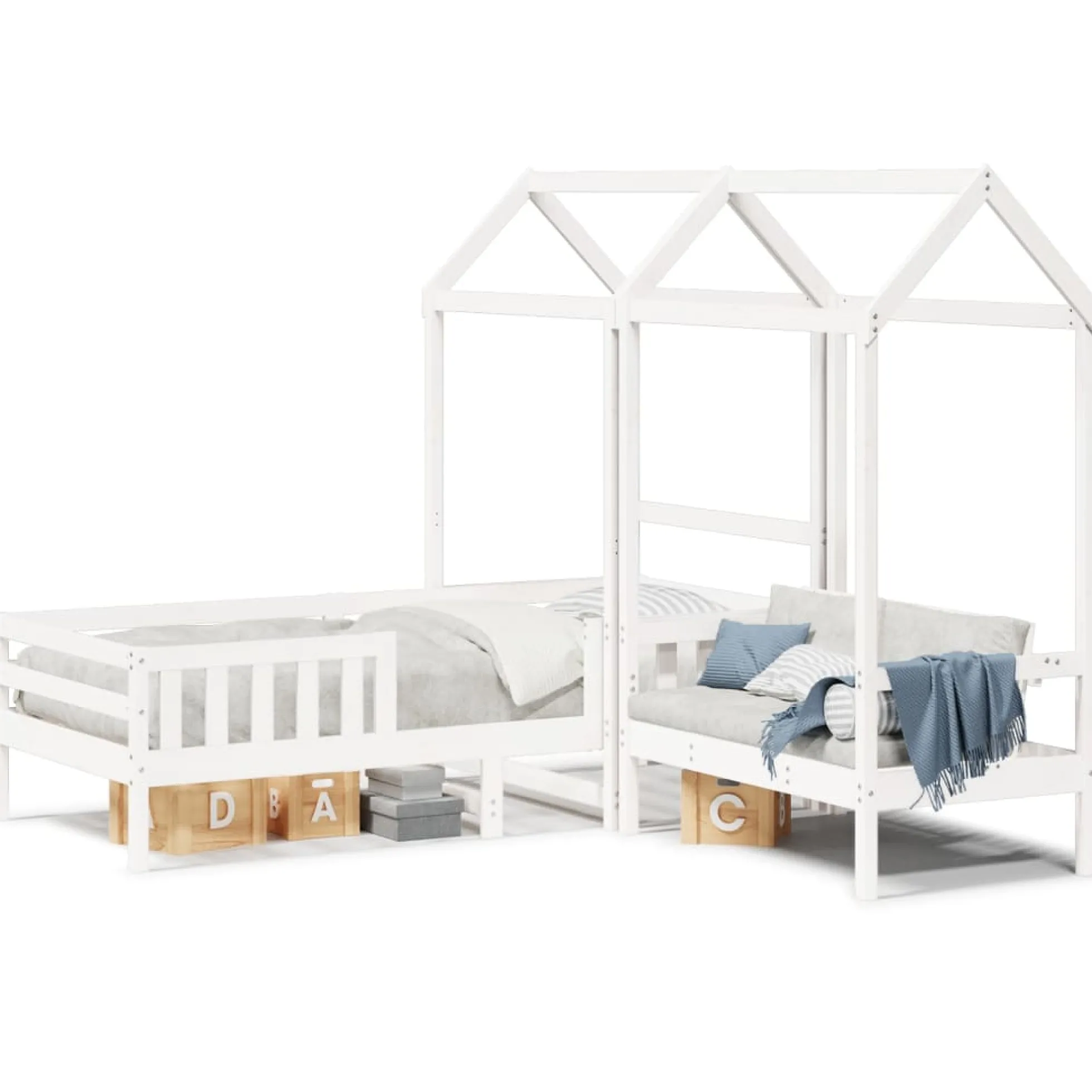 Set Cama Y Banco Con Techo Madera Maciza Pino Blanco 75x190 Cm