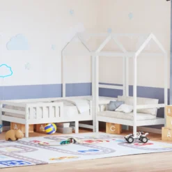 Set Cama Y Banco Con Techo Madera Maciza Pino Blanco 75x190 Cm