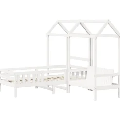 Set Cama Y Banco Con Techo Madera Maciza Pino Blanco 75x190 Cm