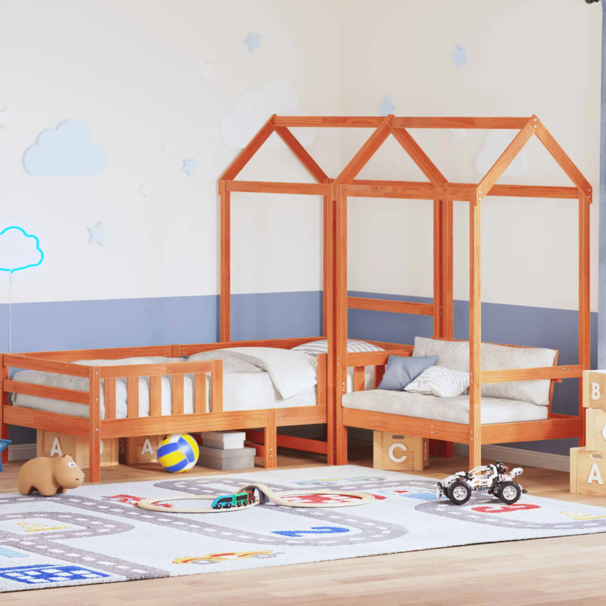Set De Cama Y Banco Con Techo Madera De Pino Marrón 80x200 Cm
