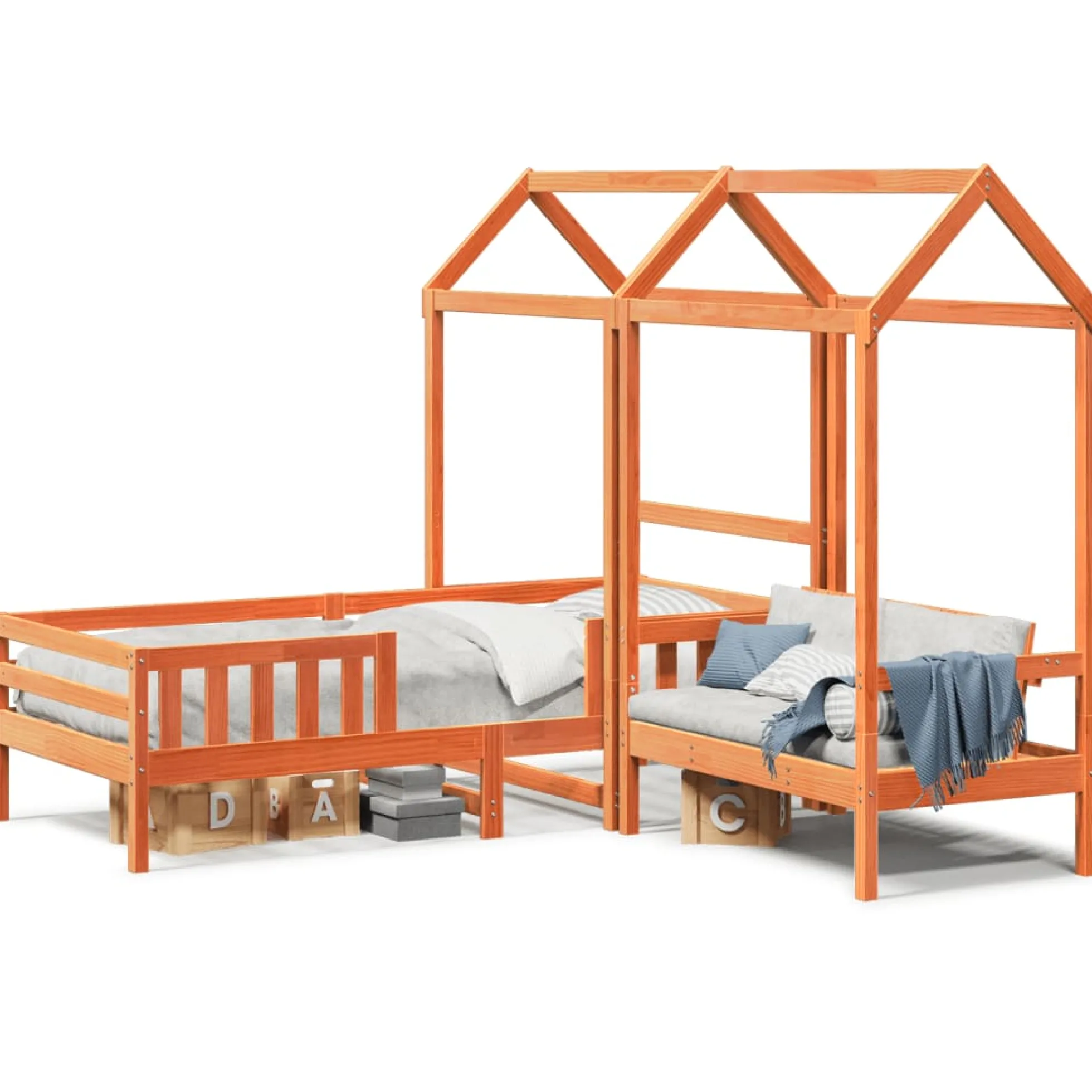 Set De Cama Y Banco Con Techo Madera De Pino Marrón 80x200 Cm