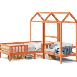 Set De Cama Y Banco Con Techo Madera De Pino Marrón 90x200 Cm