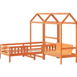 Set De Cama Y Banco Con Techo Madera Pino Marrón Cera 75x190 Cm