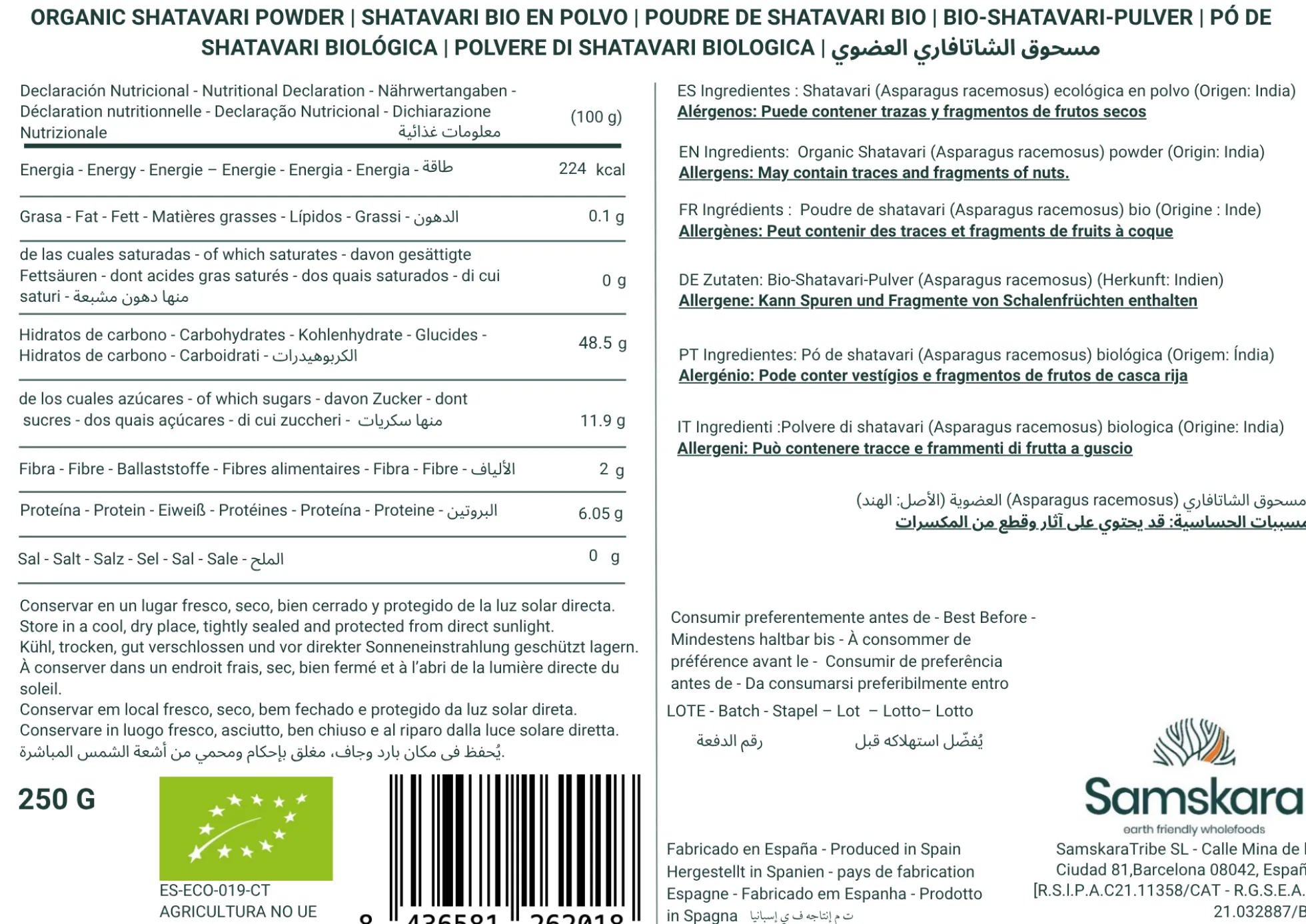 Shatavari En Polvo Bio - 150g | Superalimento Ecológico Vegano Para Batidos, Smoothies Y Zumos, Sin Azúcares Añadidos