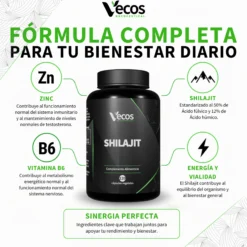 Shilajit 1400 Mg Vecos 120 Cápsulas | Energía, Vitalidad Y Testosterona | Con Zinc Y Vitamina B6