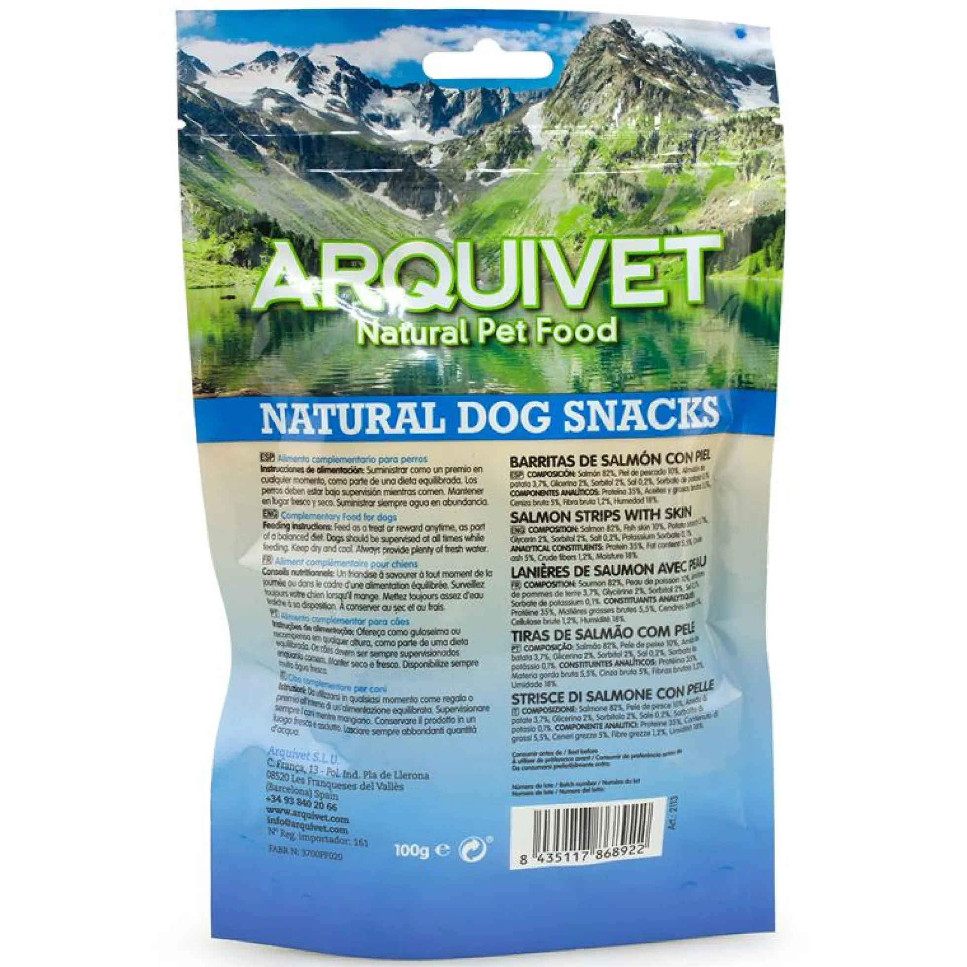 Snack natural para perros Barritas de salmón con piel Arquivet 100 gr
