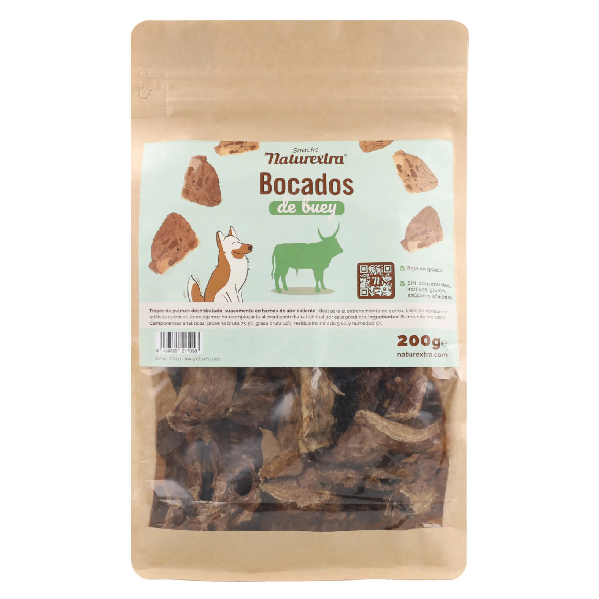 Snack natural para perros de bocados de buey 200 g NaturExtra