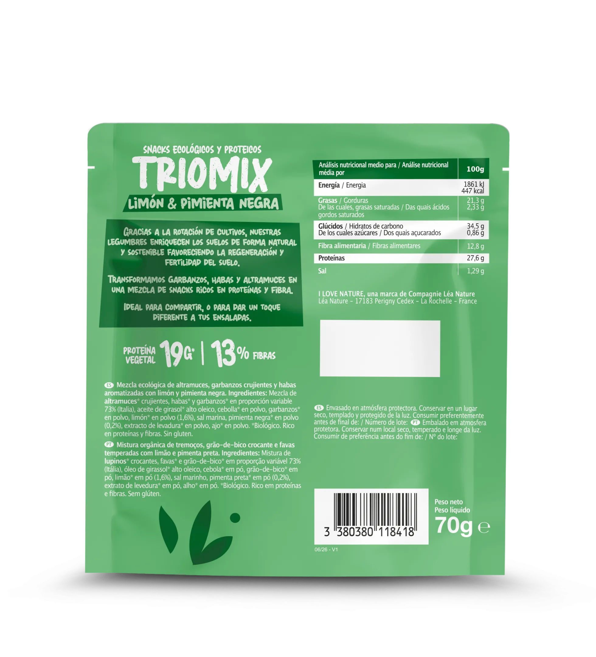 Snack protein Triomix limón-pimienta I Love Nature 70 g