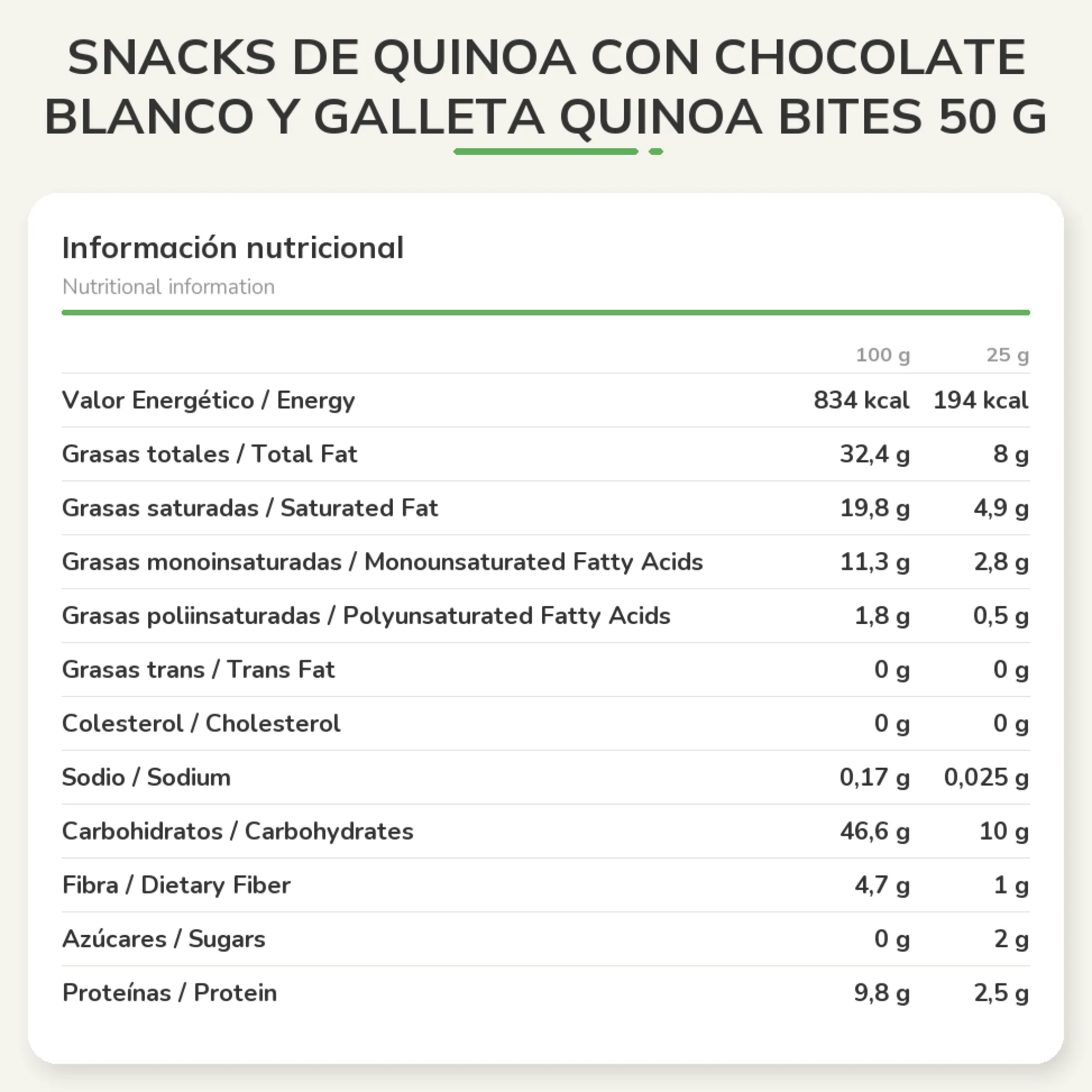 Snacks de Quinoa con Chocolate Blanco y Galleta Quinoa Bites 50 g