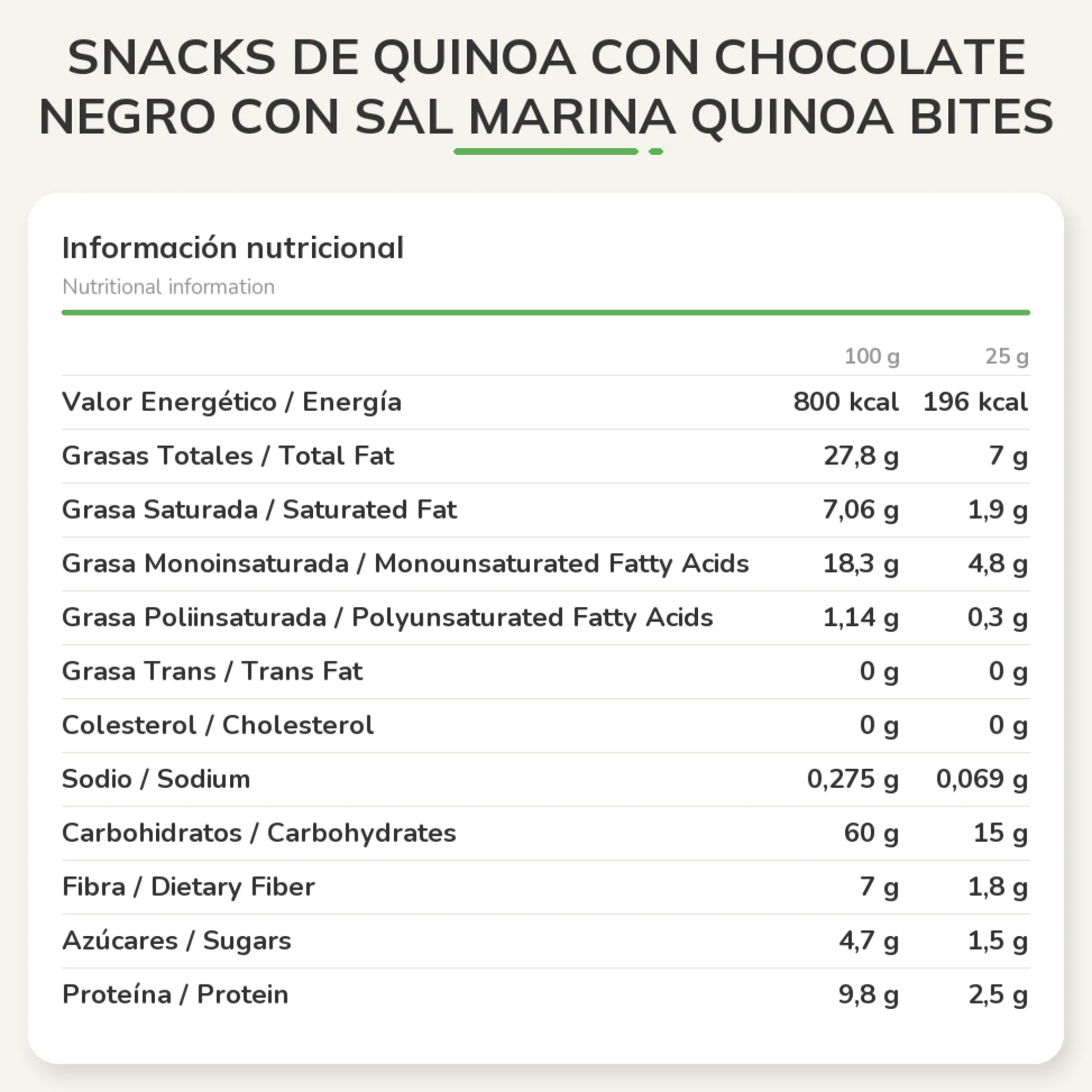 Snacks de Quinoa con Chocolate Negro Con Sal Marina Quinoa Bites50 g